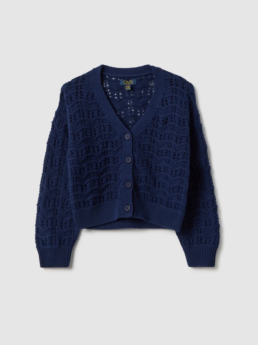 Cardigan in puro cotone blu da bambina regular fit con texture a maglia_0
