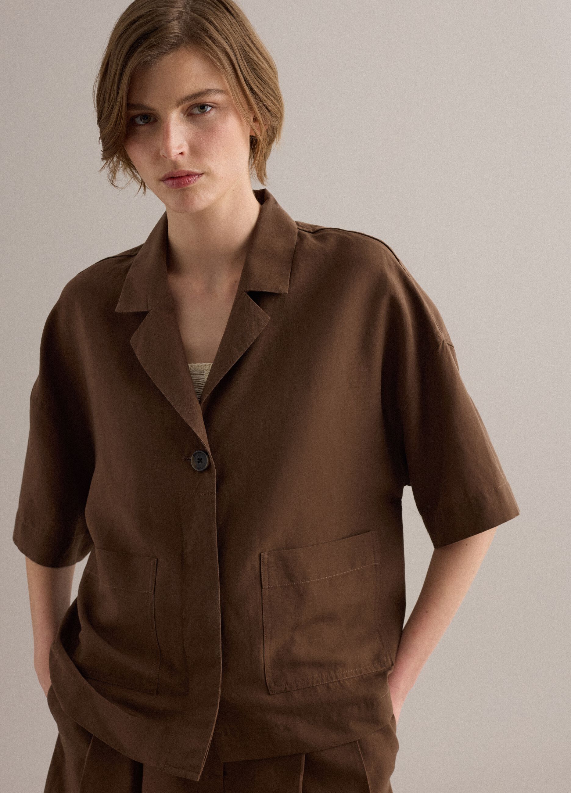 Brown Lyocell and Linen Blend Regular Fit Blazer
