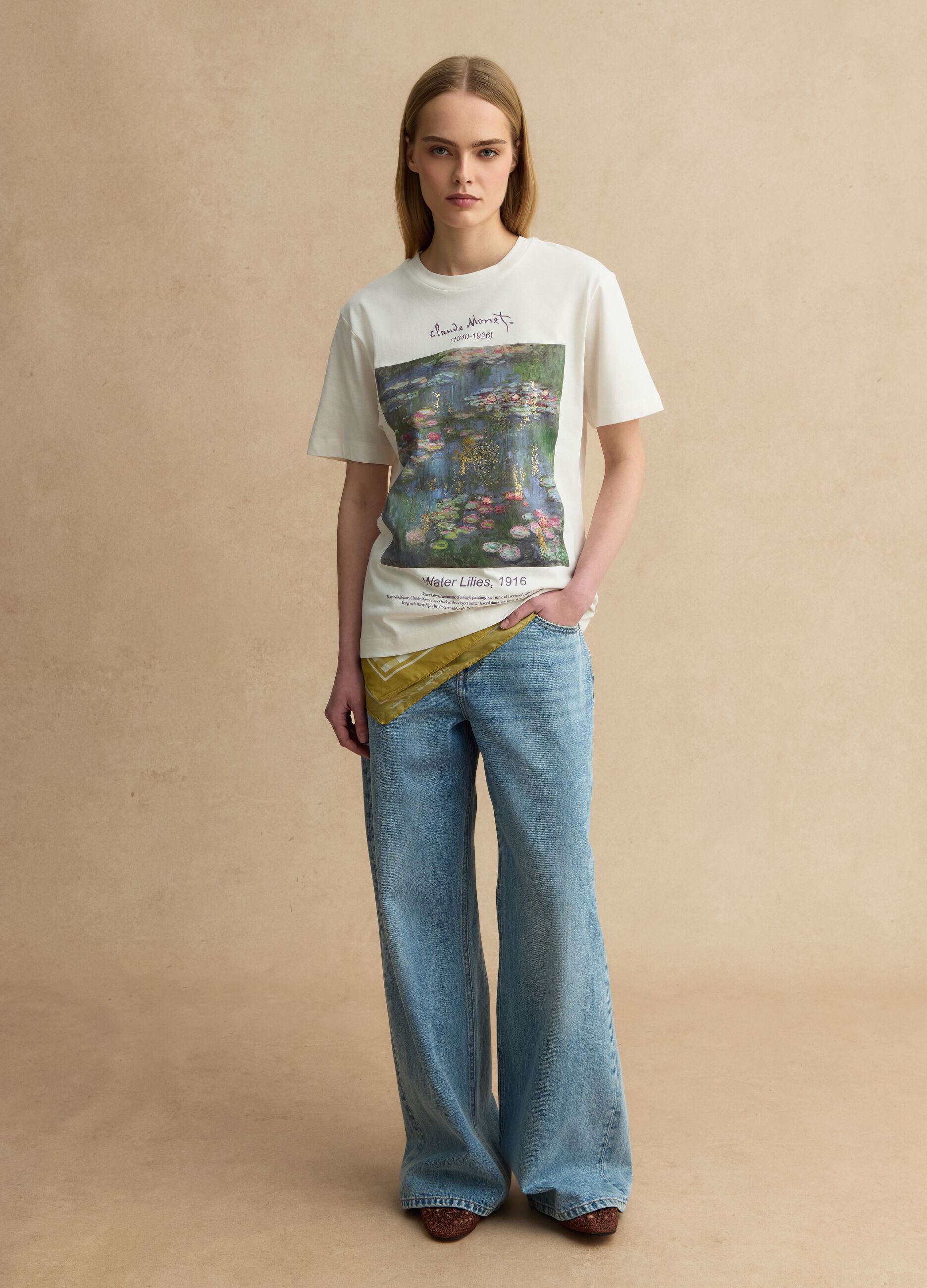 White pure cotton regular fit T-shirt with Monet print