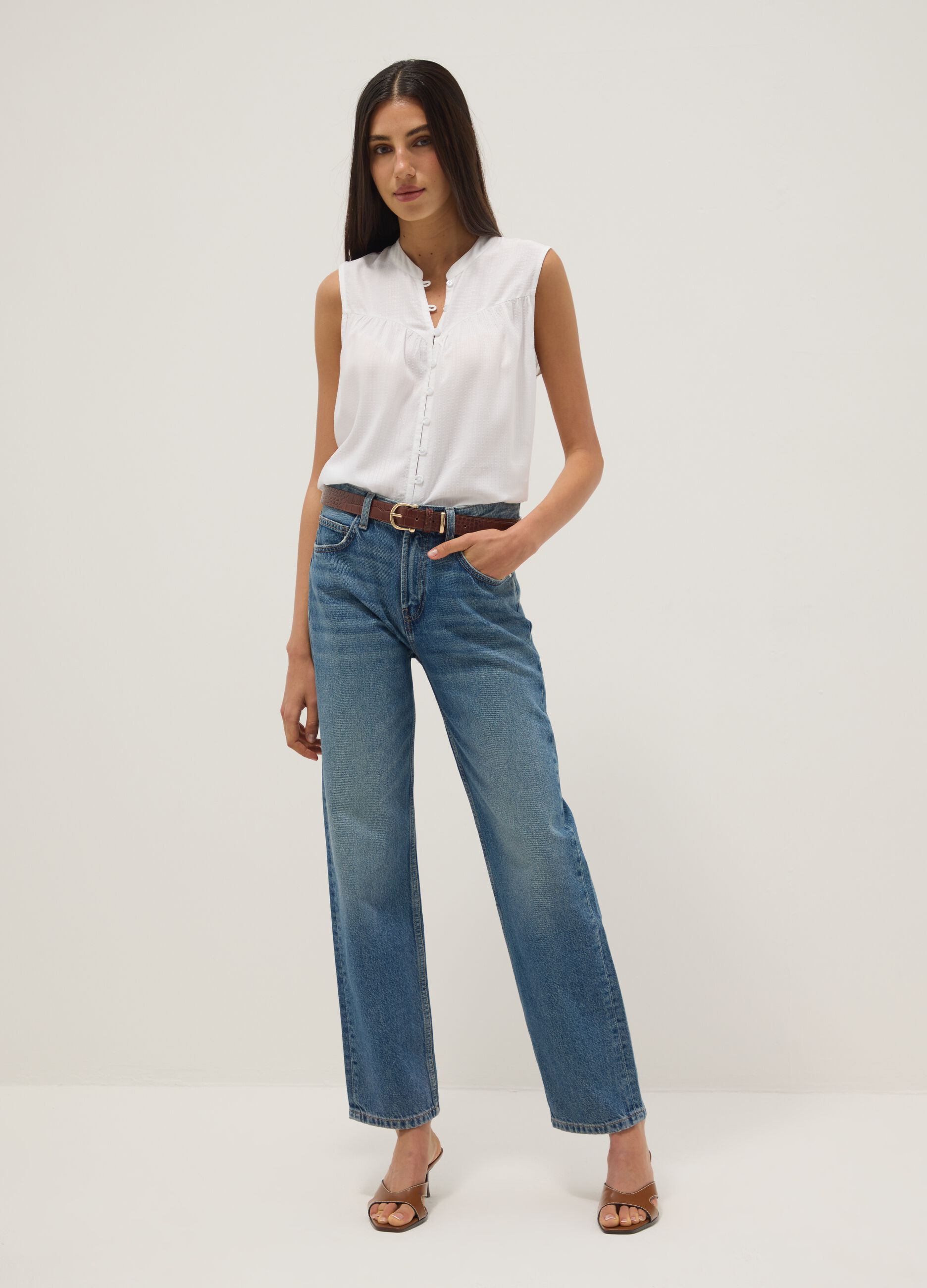 White pure viscose regular-fit shirt with embroidered texture