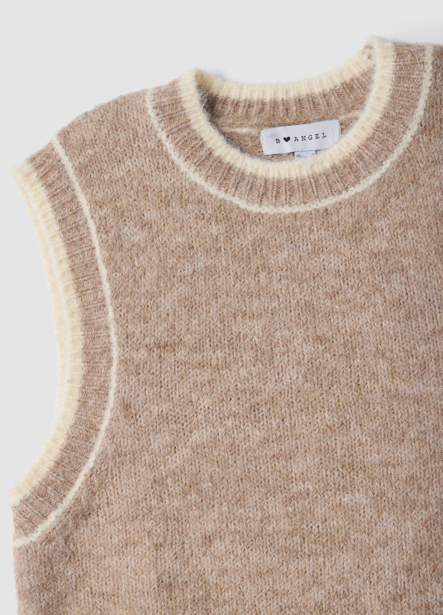 Beige stretch wool crew-neck gilet with oversized fit