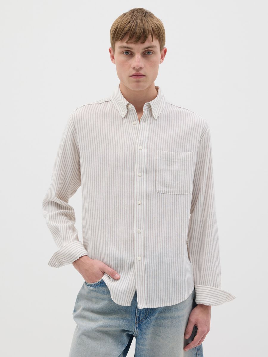 White and beige shirt in striped linen, viscose and cotton_0