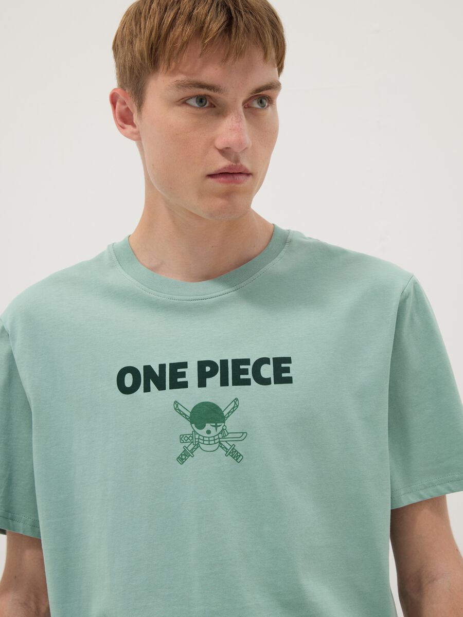 T-shirt verde con scritta One Piece in puro cotone relaxed fit_0