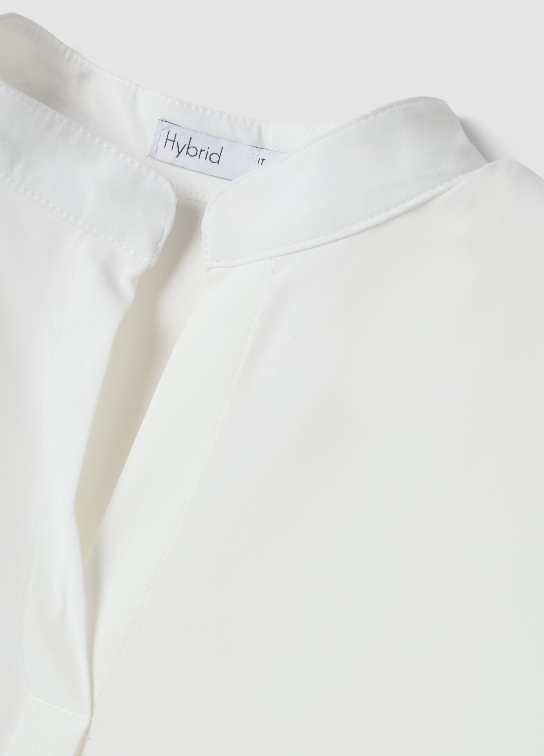 White regular-fit blouse with wide sleeves and mandarin collar