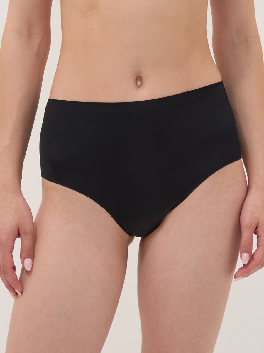 Black high-waisted Brazilian briefs in stretch fabric with a shaping effect_1