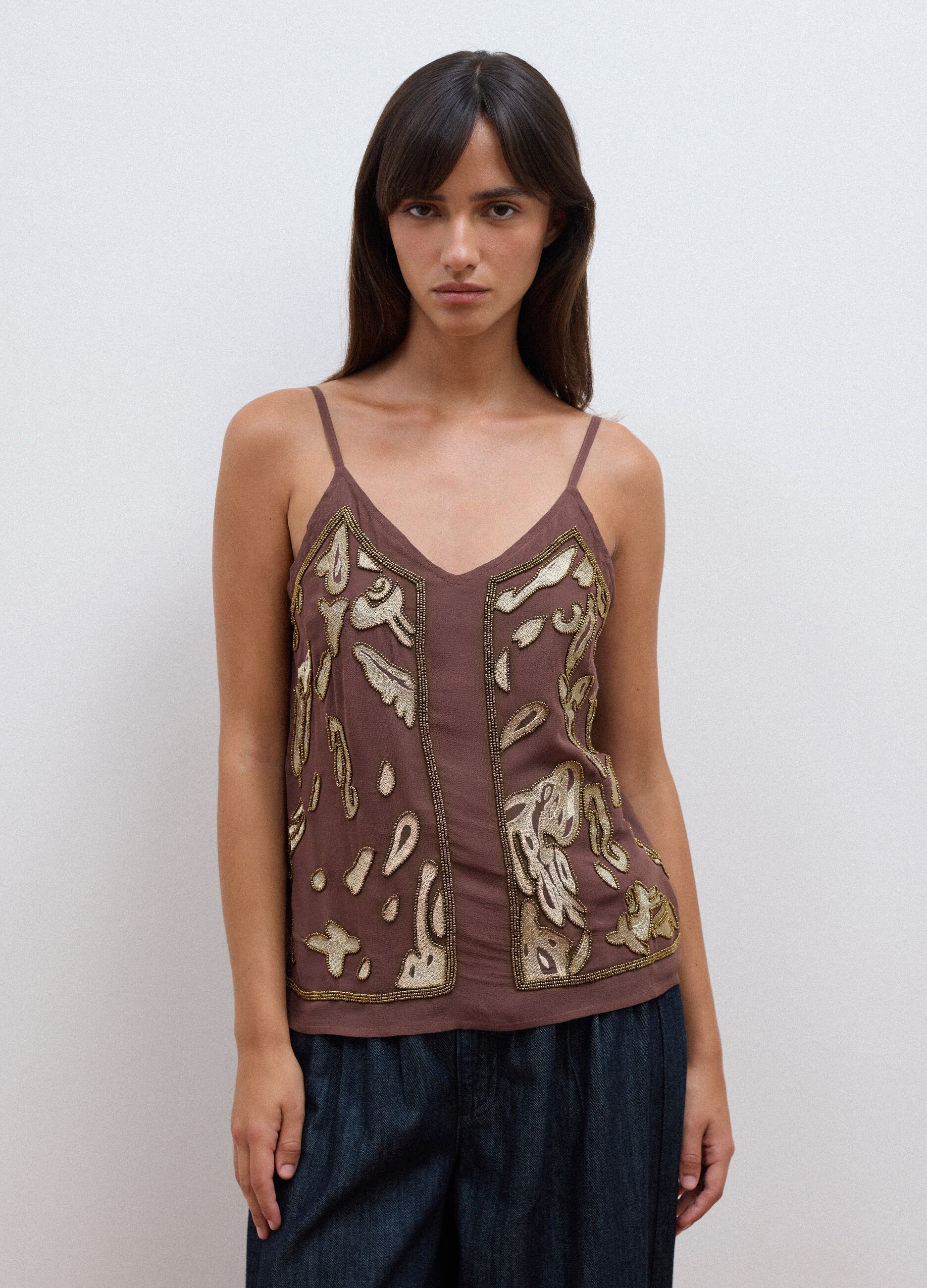 Brown fitted pure viscose top with thin straps and embroidered pattern
