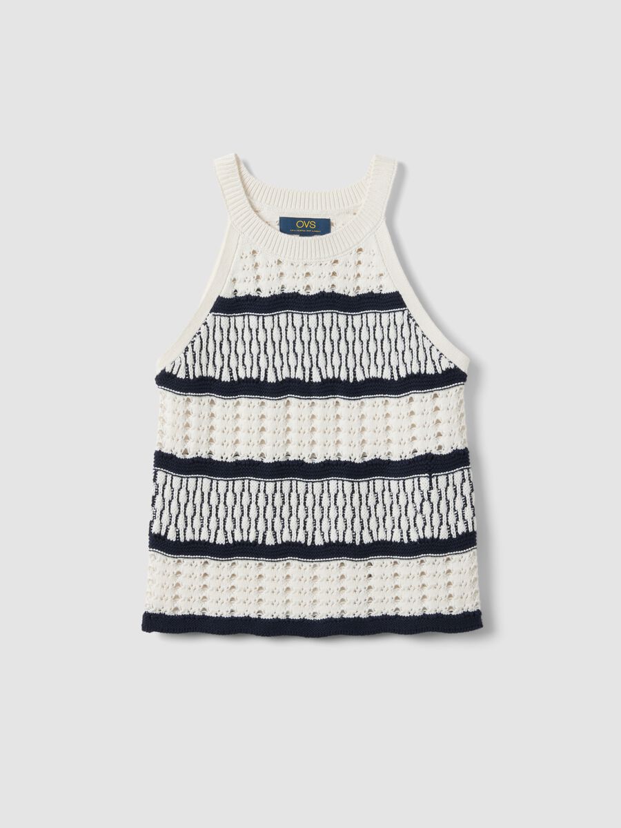 Fitted vest in pure cotton with multicolour stripes and mesh texture_4