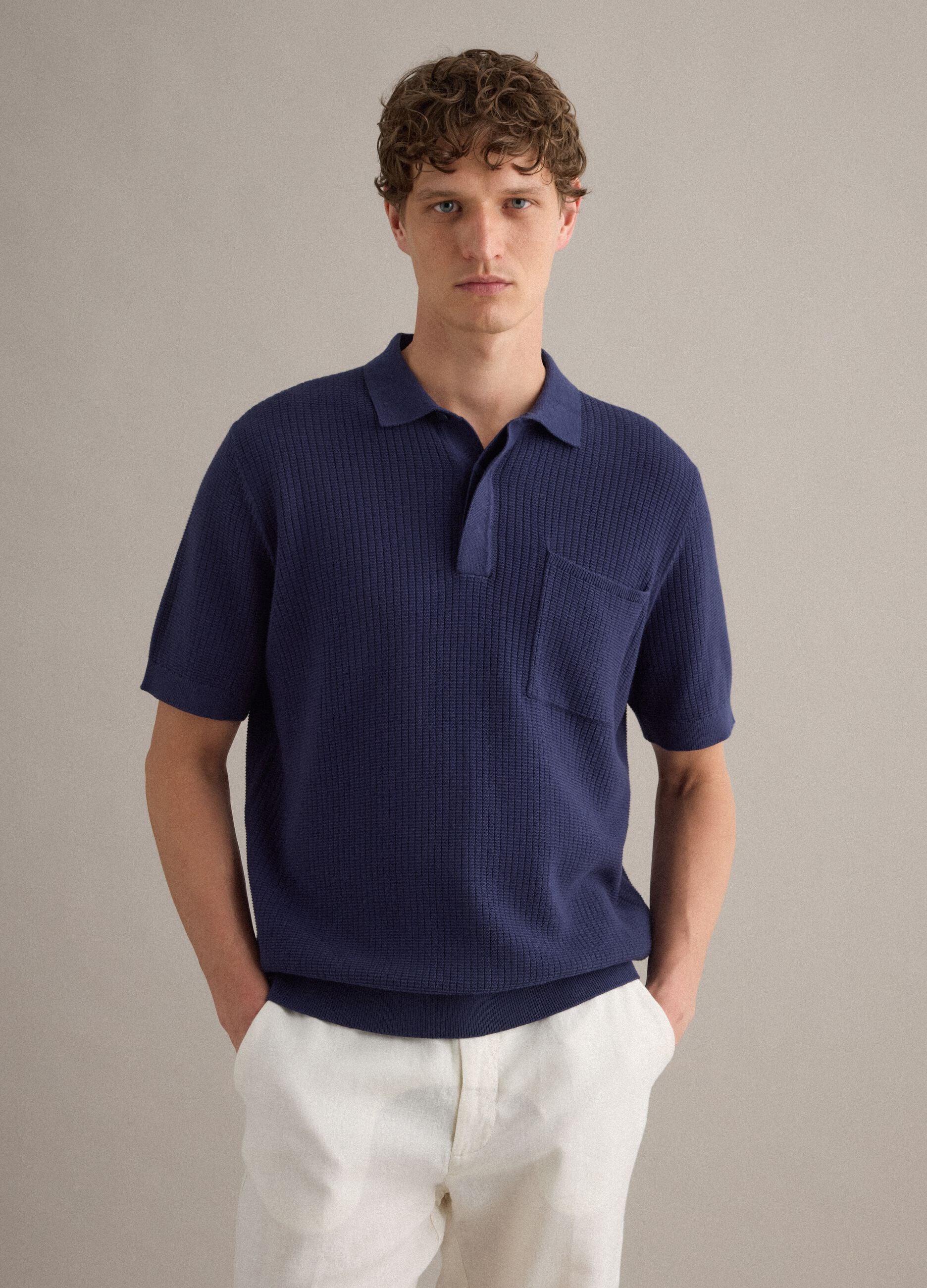 Blue pure cotton polo shirt with chest pocket, regular fit