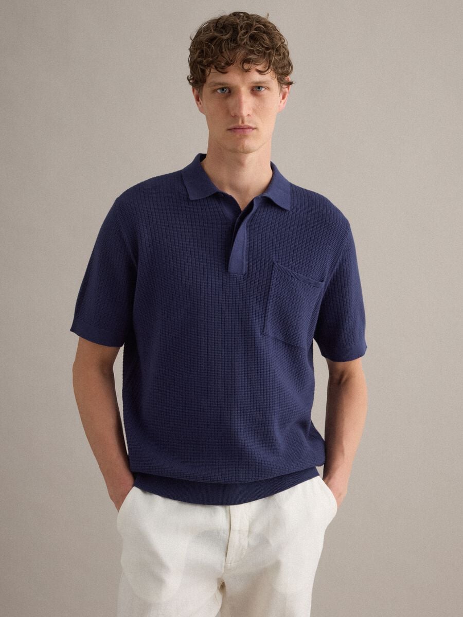 Blue pure cotton polo shirt with chest pocket, regular fit_1