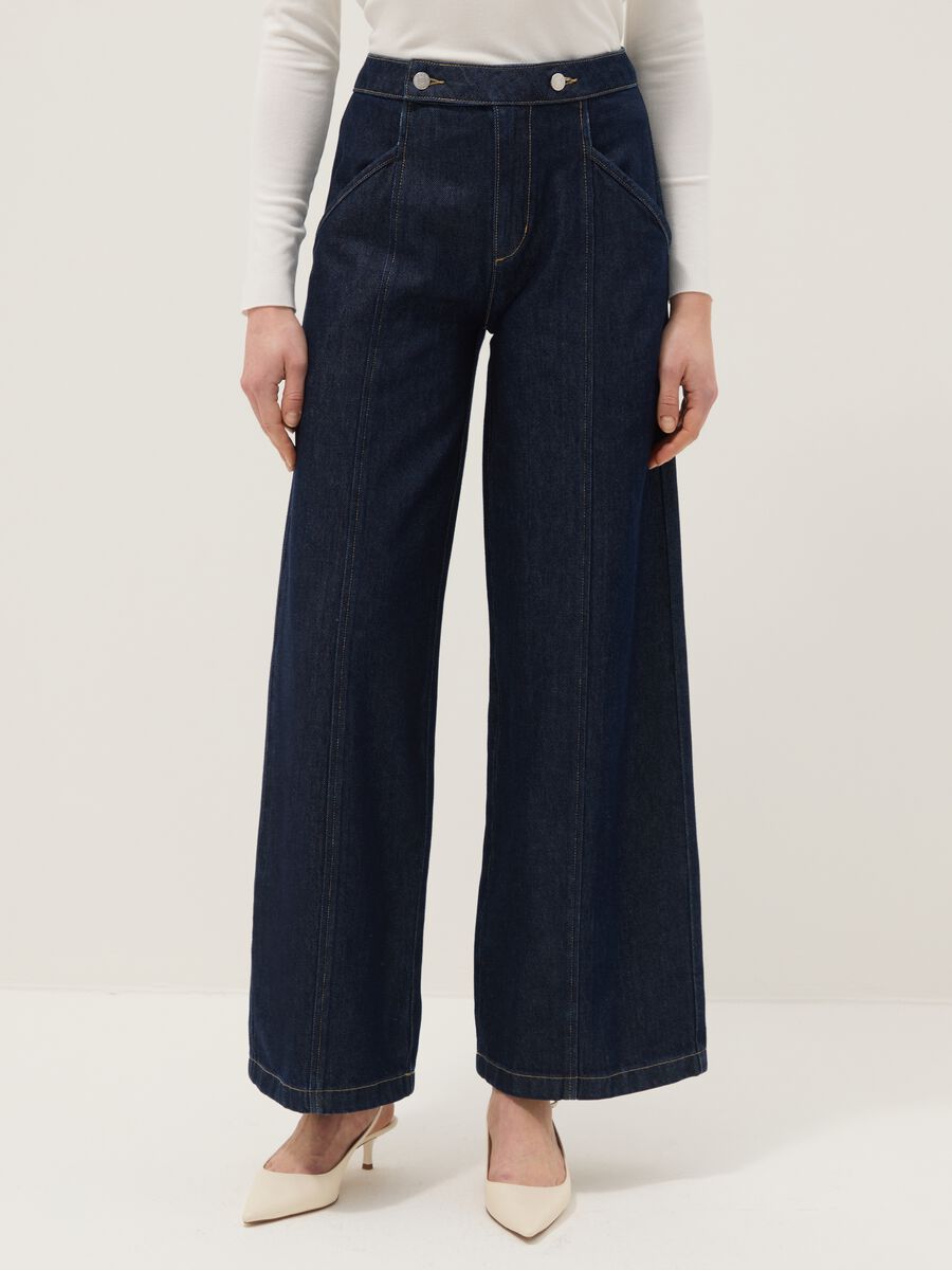 Blue Denim Wide Leg Trousers in Cotton Blend_2