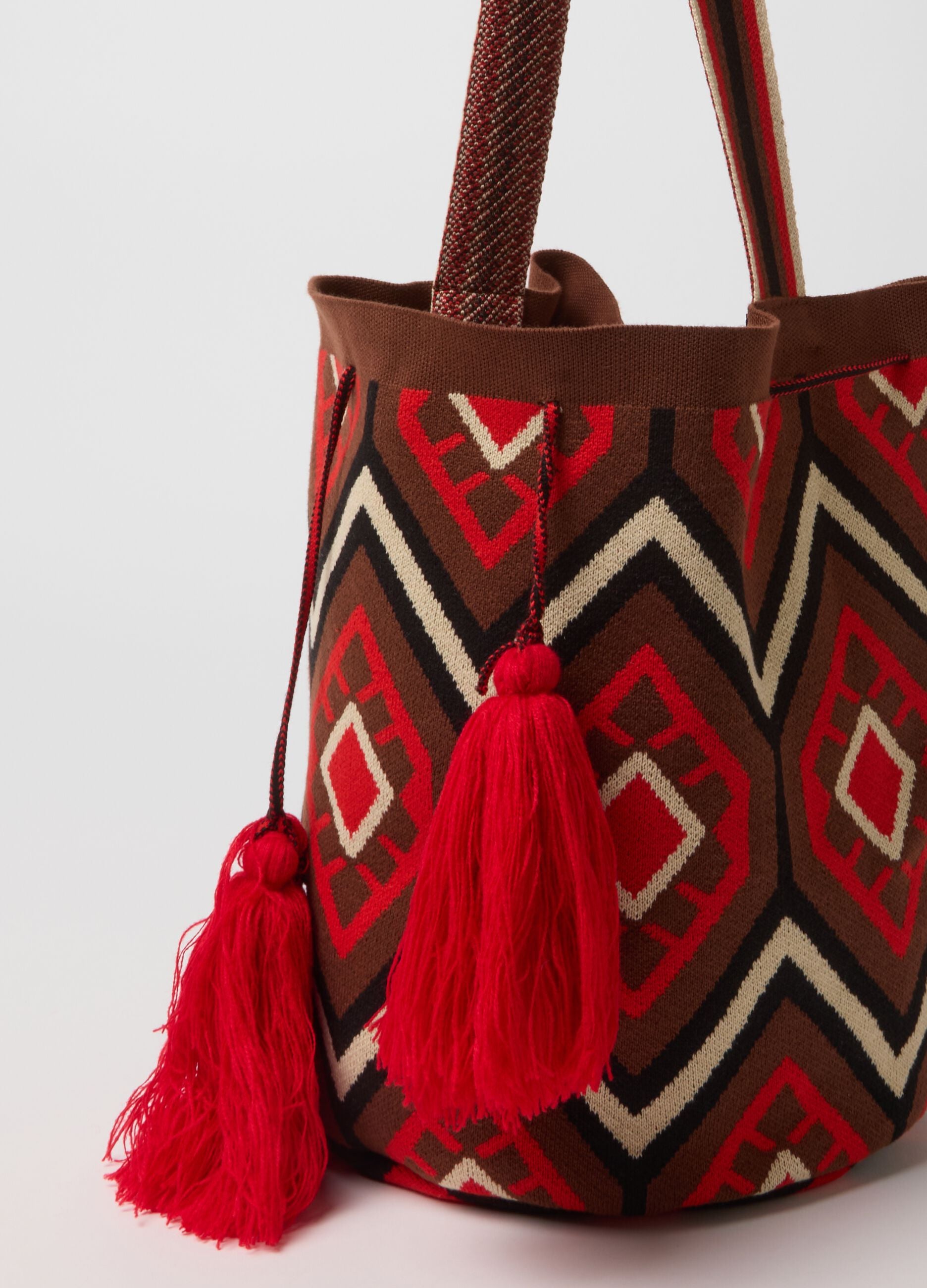 Beach bag with tassels and multicolour ethnic details
