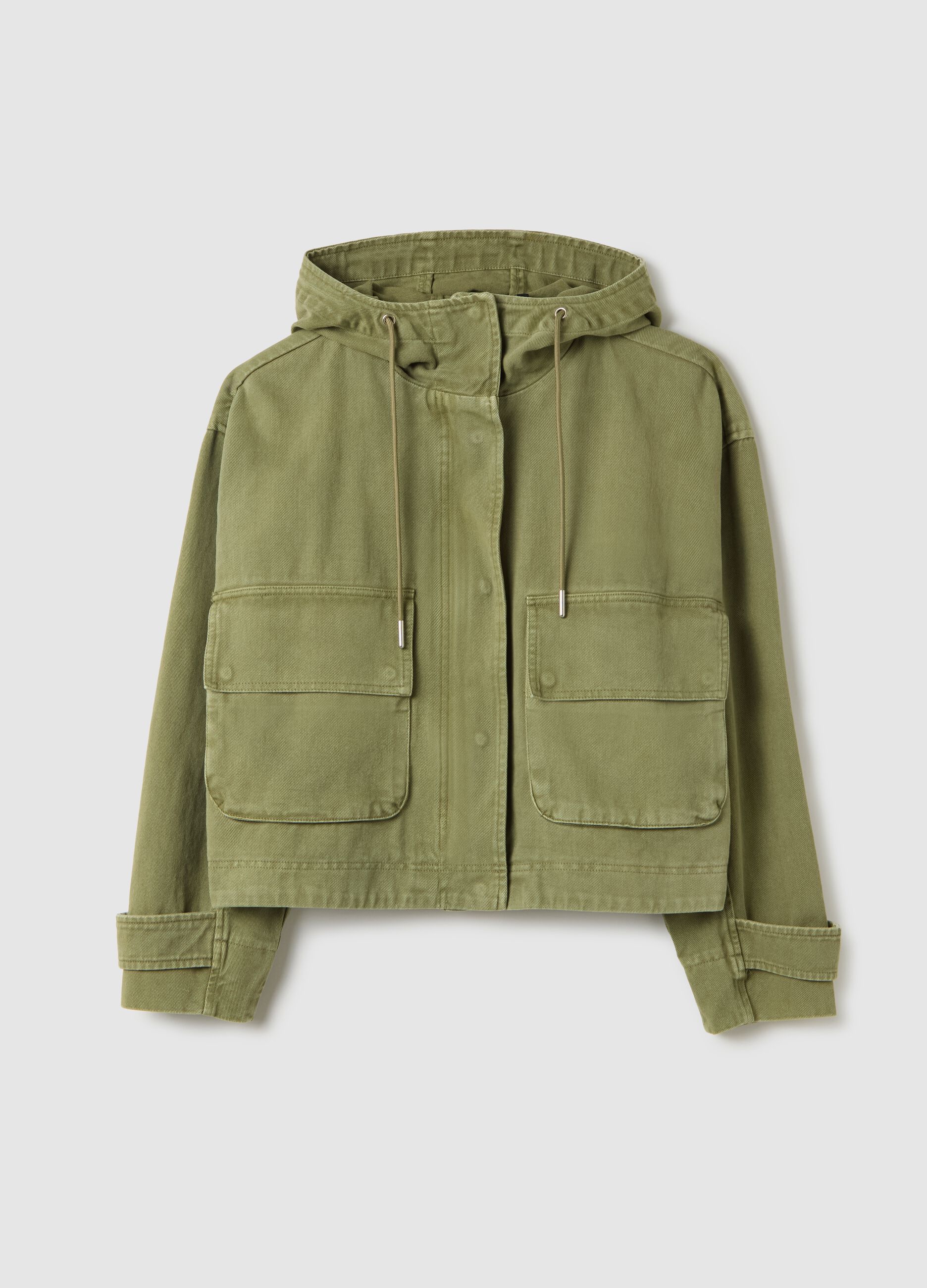 Green shacket in cotton with hood