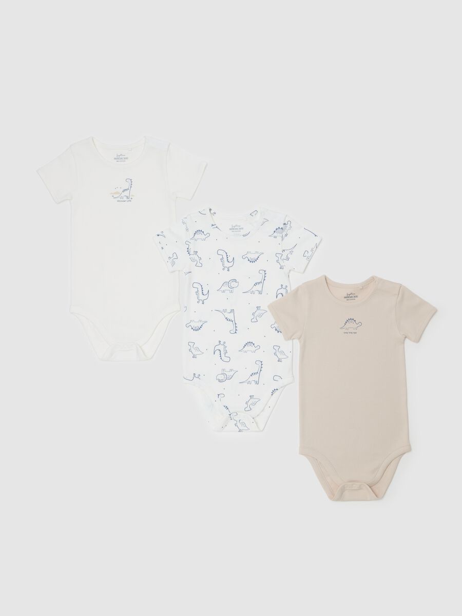 Three-pack organic cotton bodysuits with dinosaurs print_0