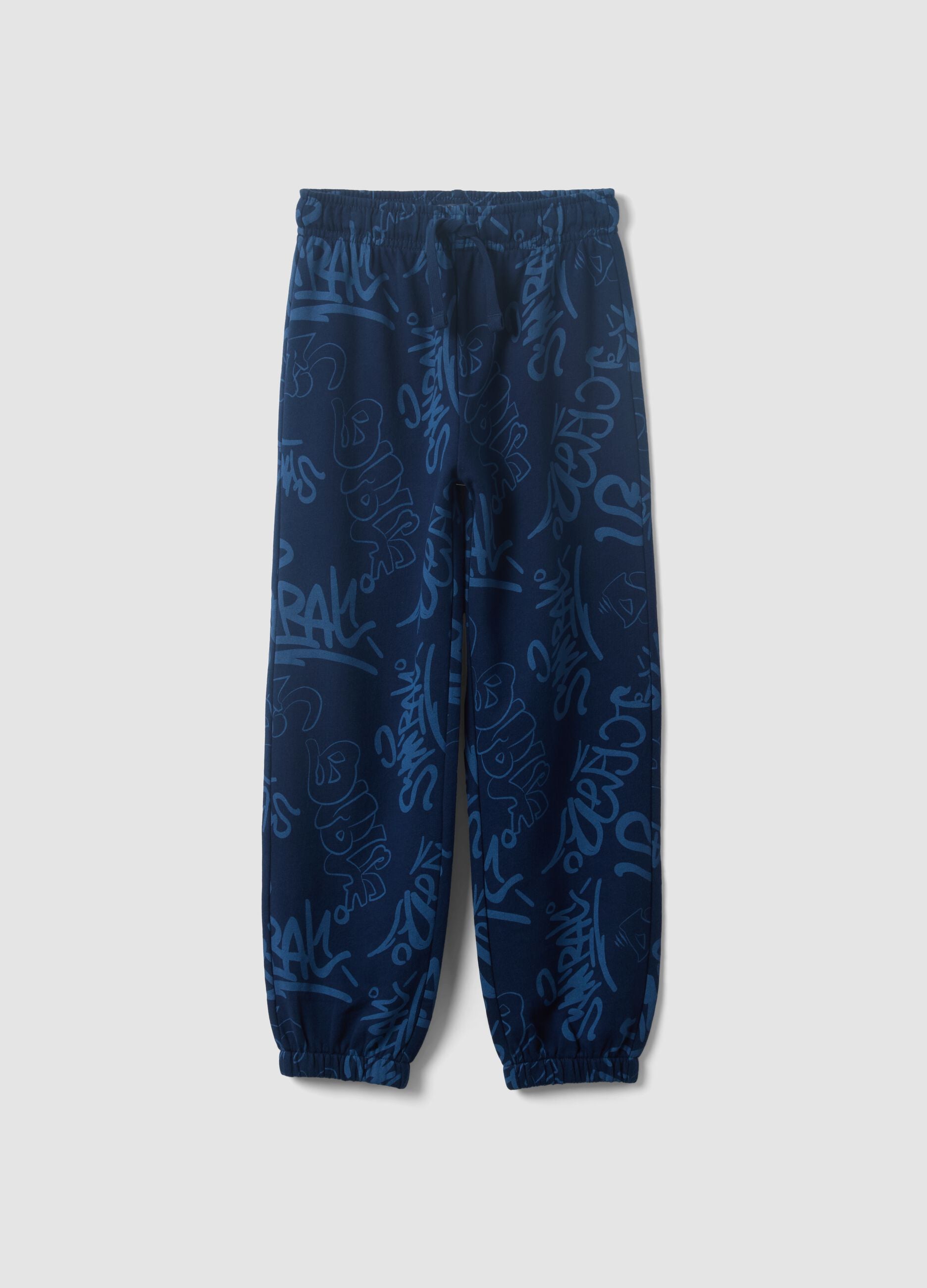Blue oversized pure cotton all-over print jogger trousers for boys