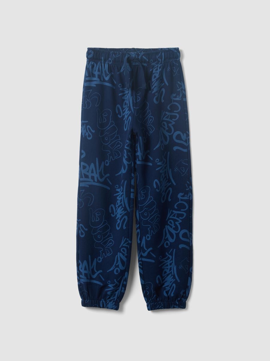 Blue oversized pure cotton all-over print jogger trousers for boys_0