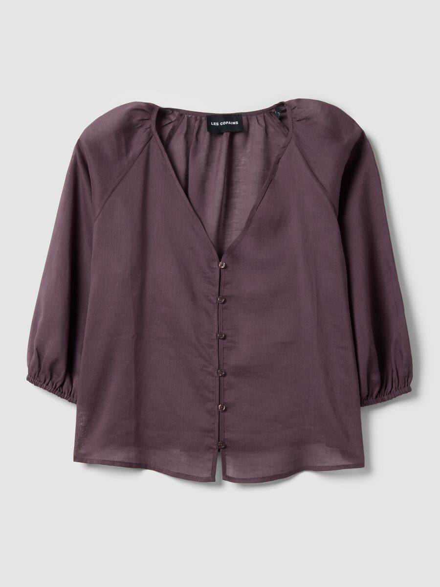 Purple ramie and lyocell blend shirt with V-neck, regular fit_0