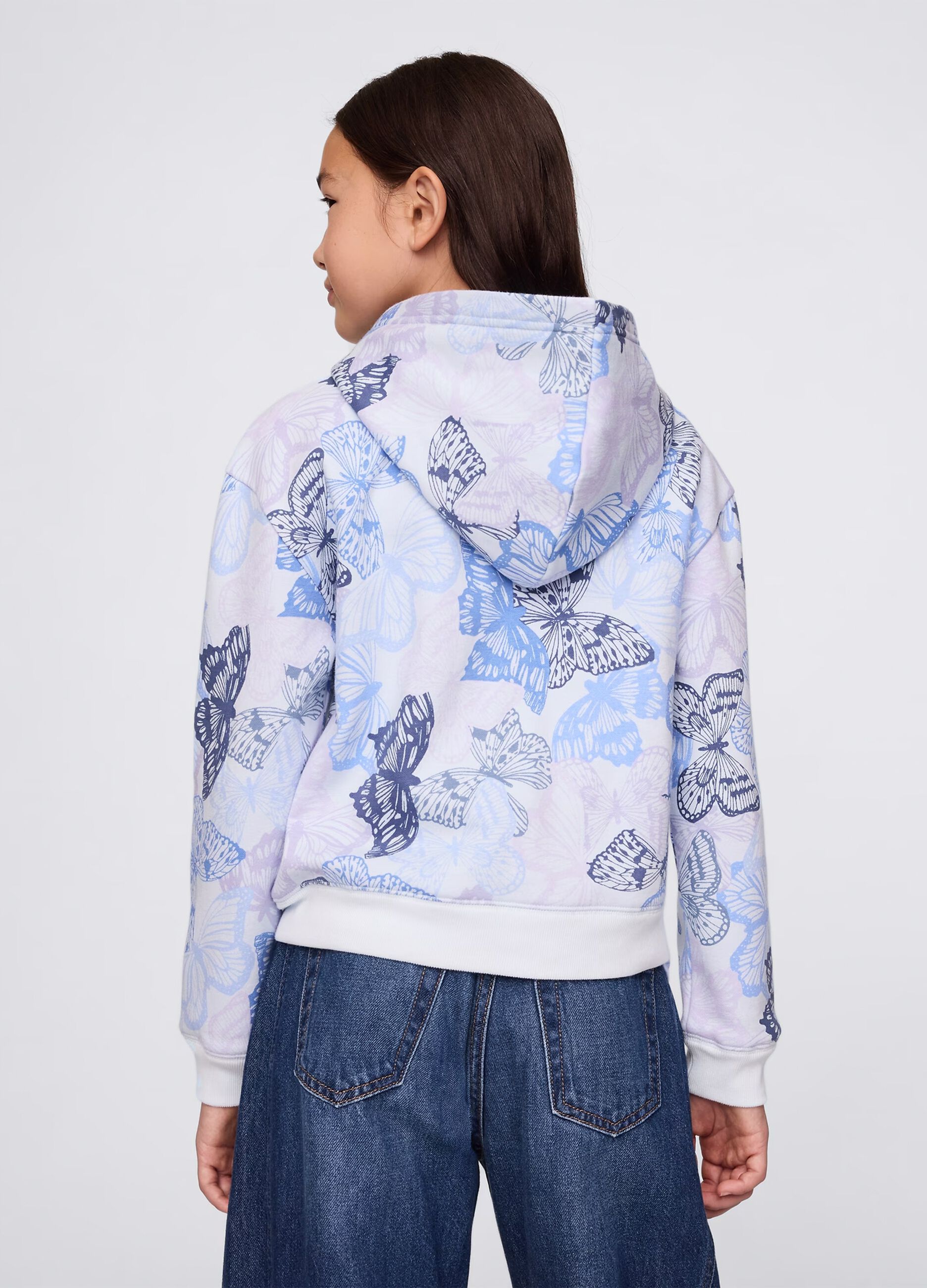 Light blue and purple full-zip sweatshirt with hood, butterflies print and logo embroidery