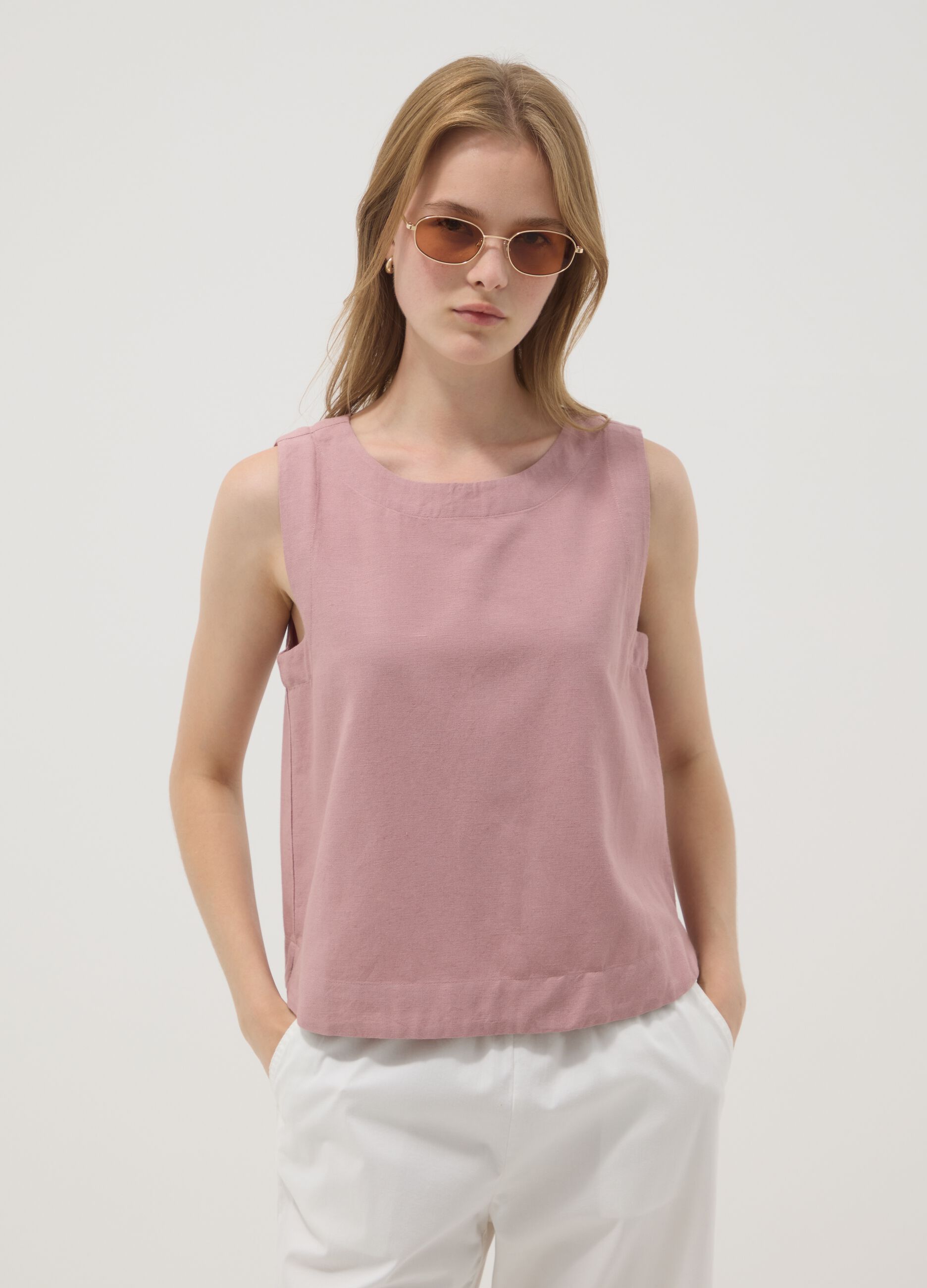 Pink top in viscose, cotton and linen blend, regular fit