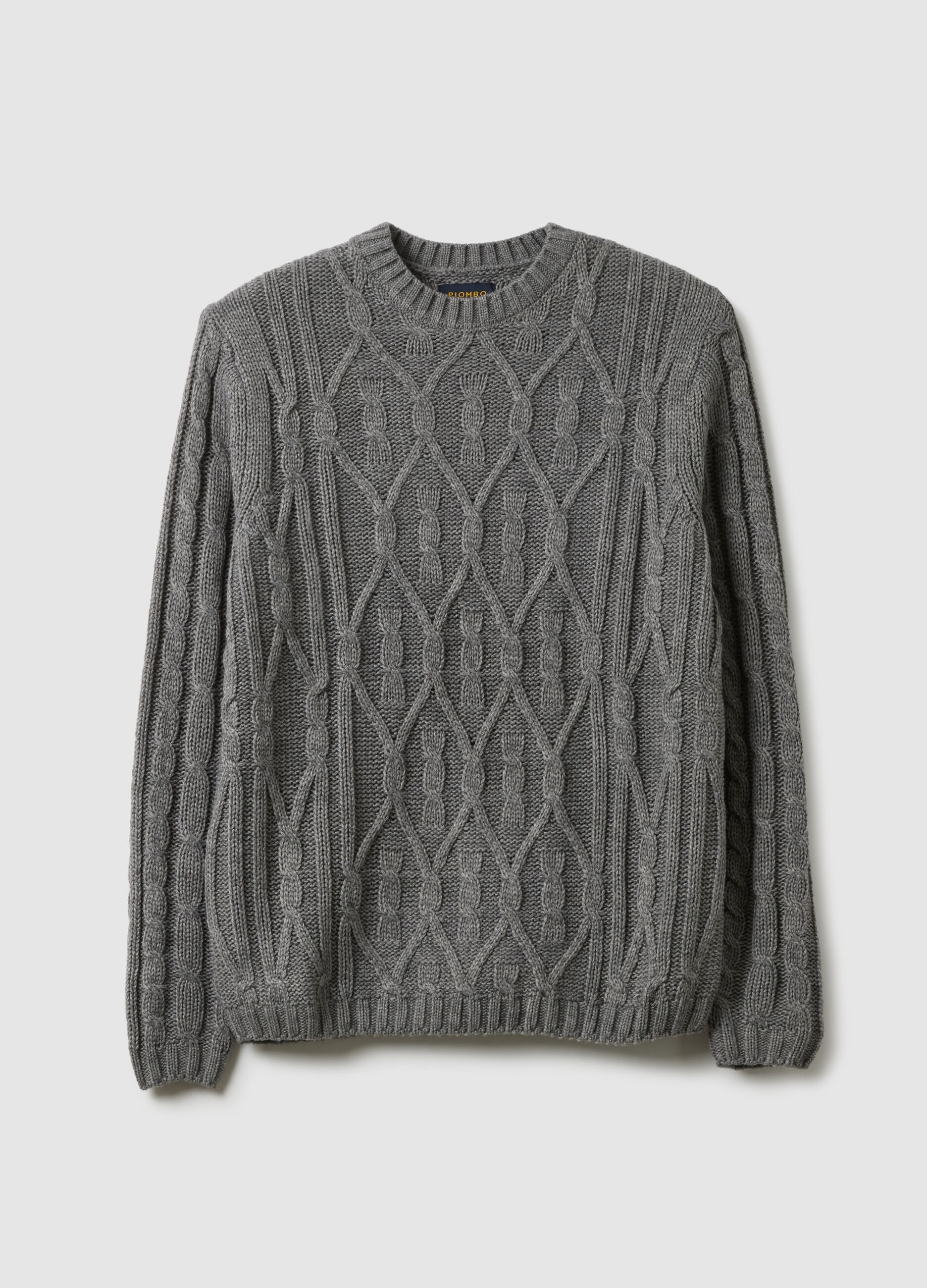 Grey crew neck sweater regular fit with cable knit