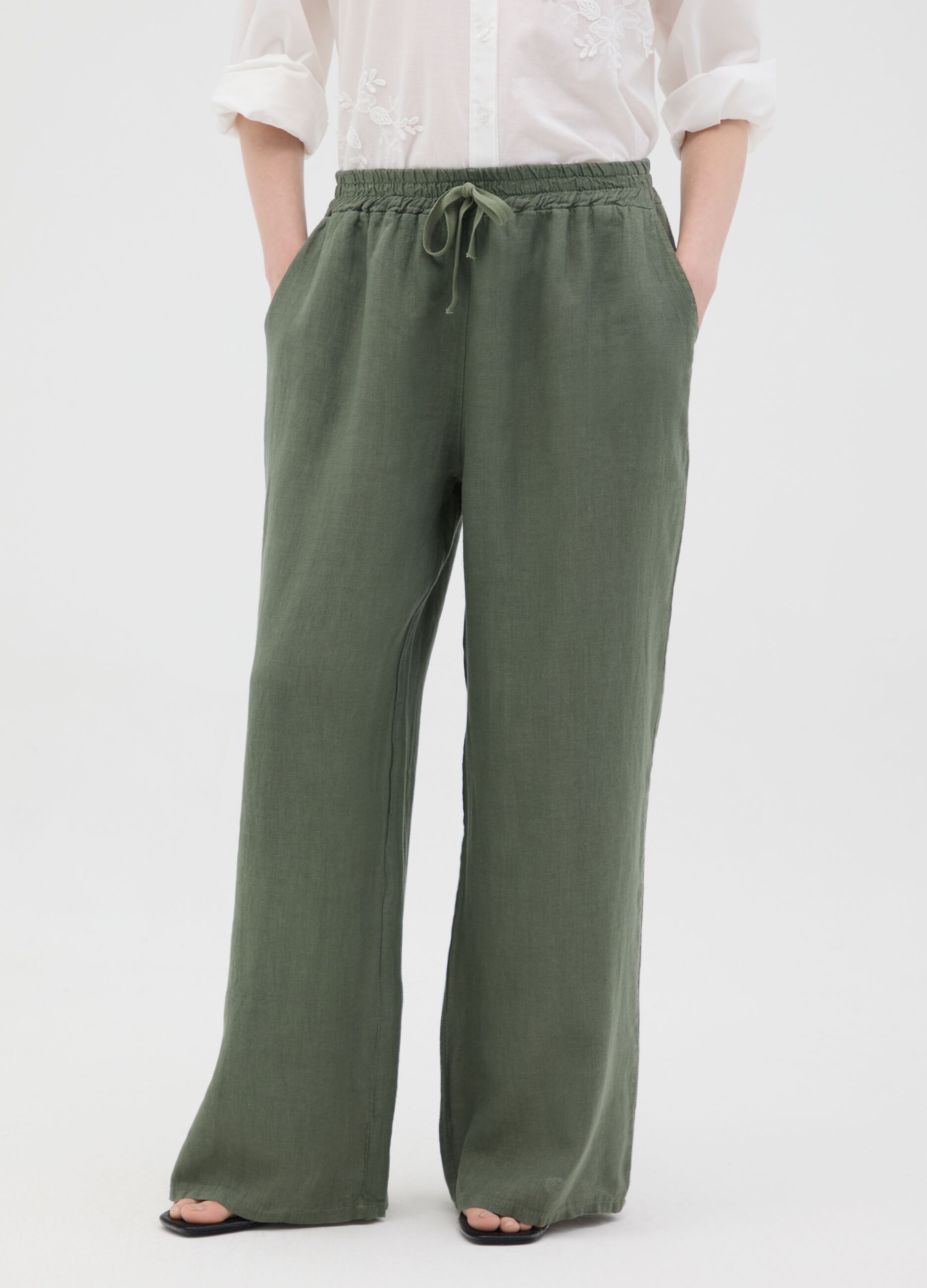 Women's green pure linen trousers regular fit