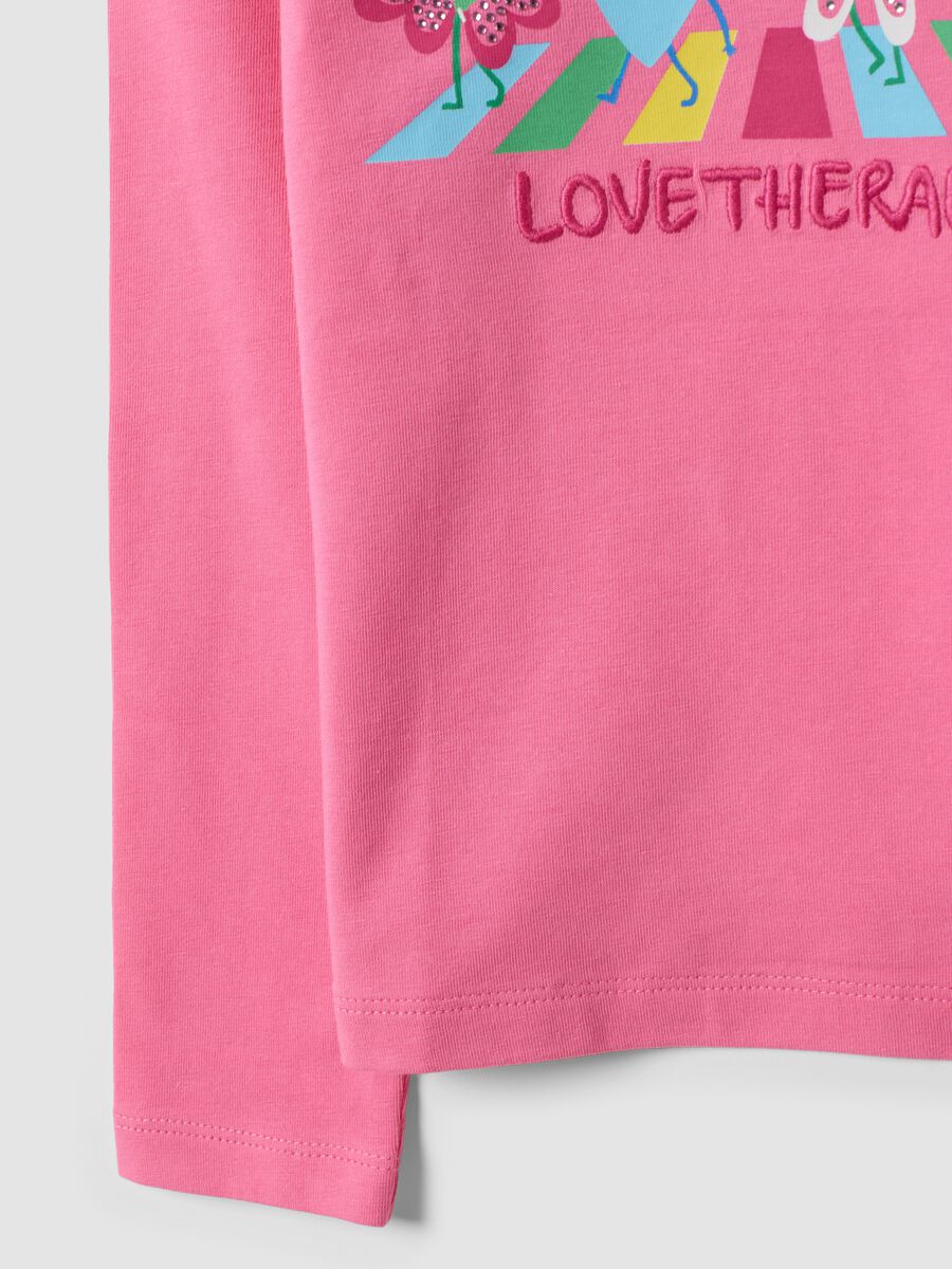 T-shirt rosa in cotone elasticizzato con girocollo e stampa per bambina_3