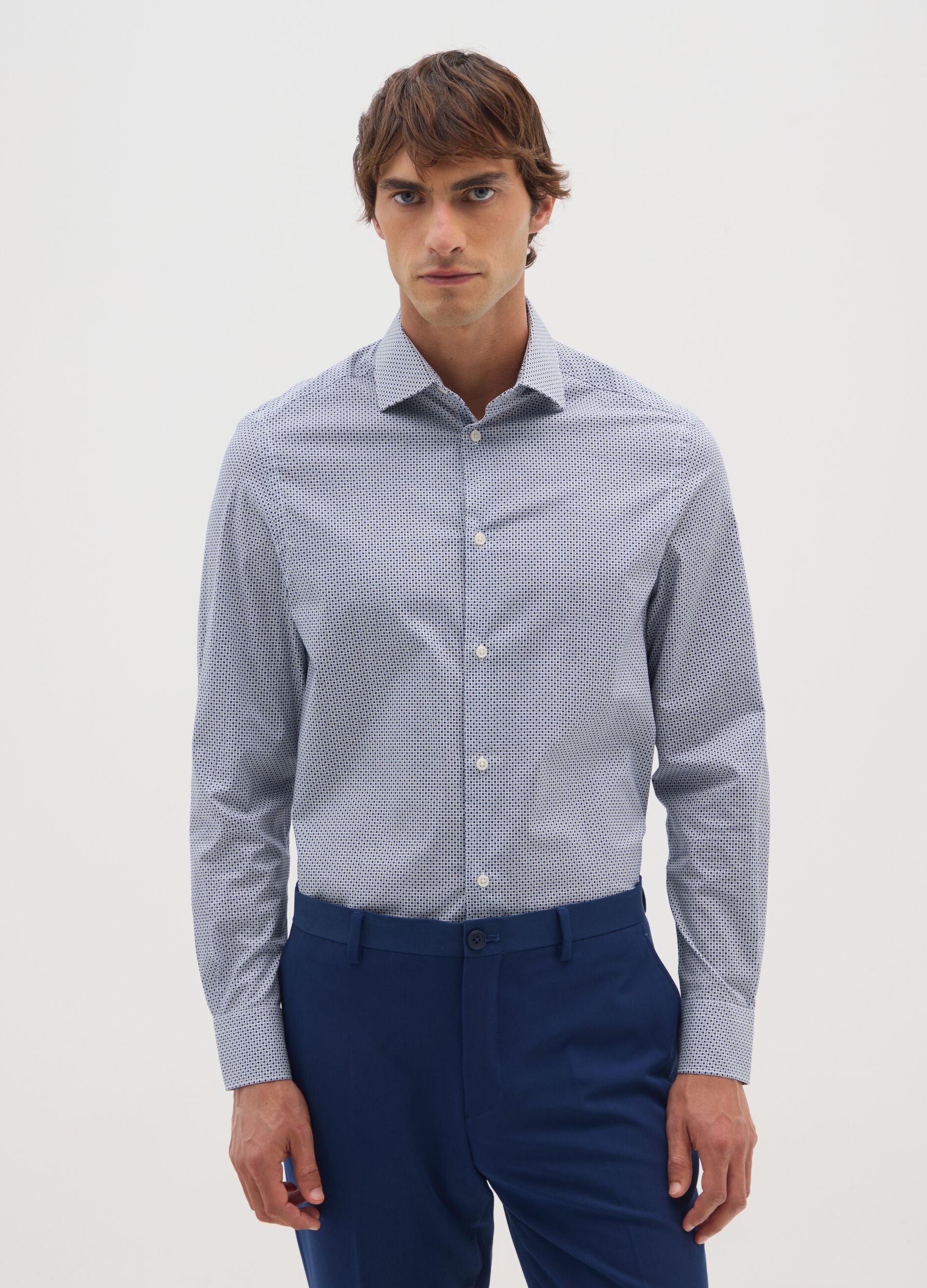 Blue stretch cotton blend poplin shirt