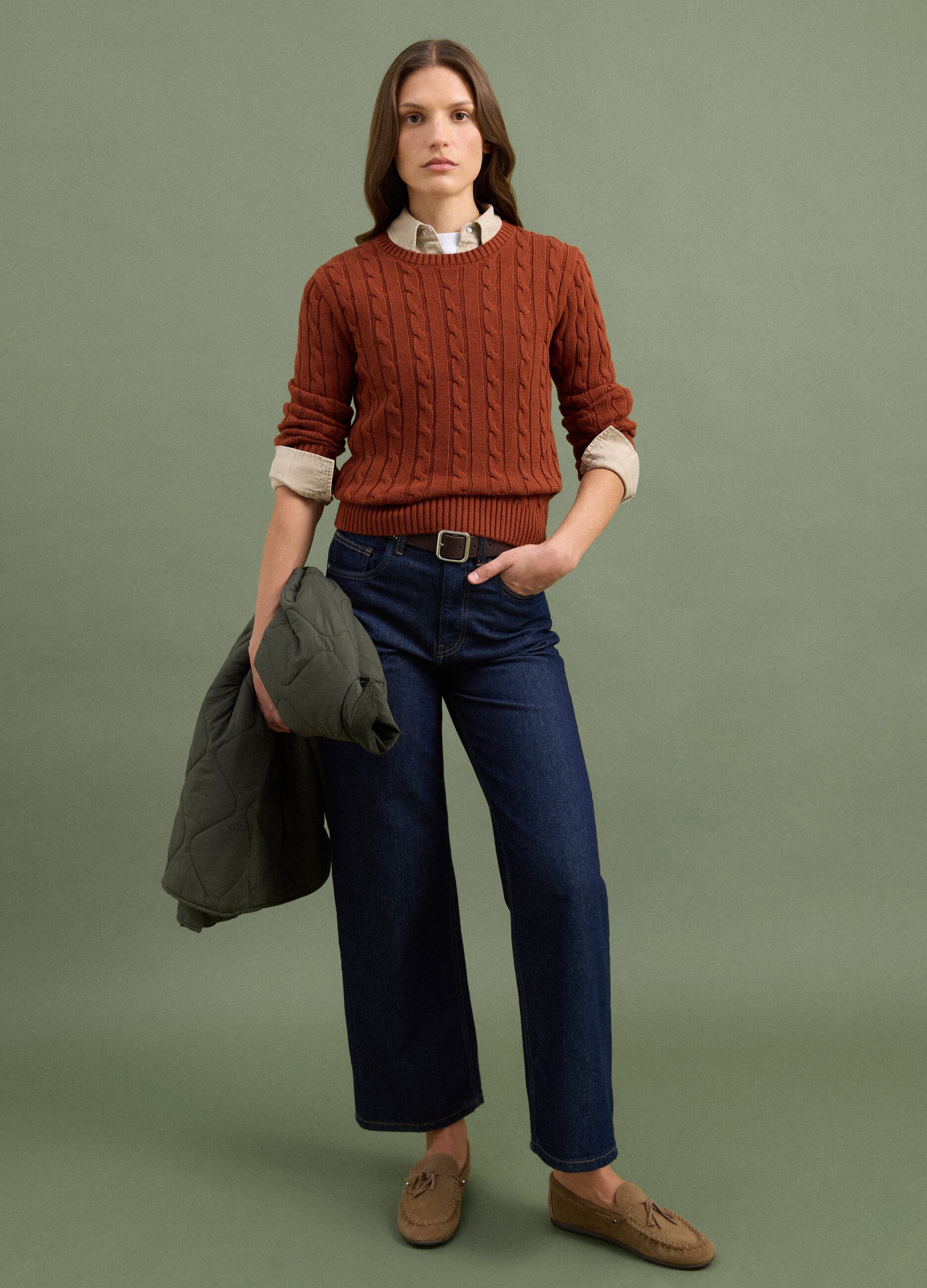 Red pure cotton cable-knit crew-neck jumper