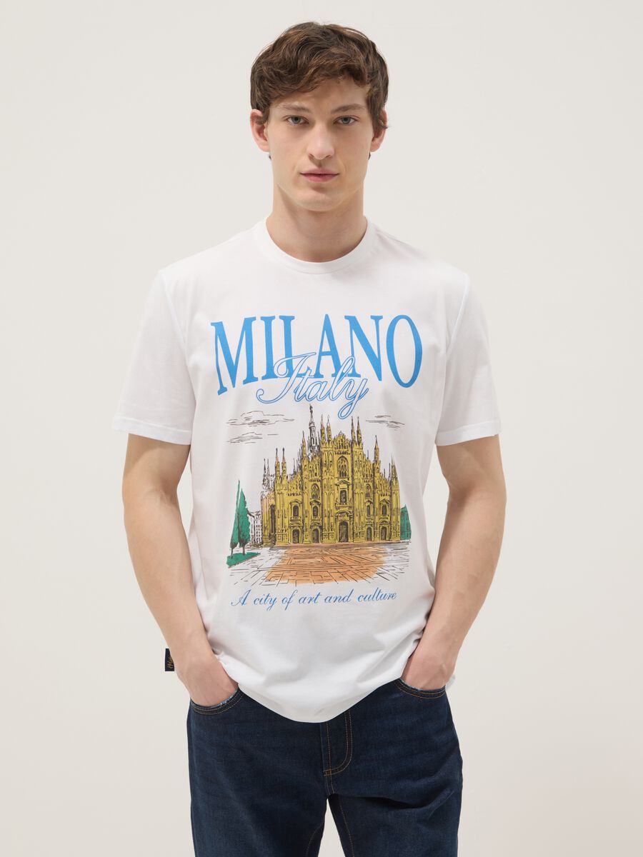 White pure cotton T-shirt with front print, regular fit_0