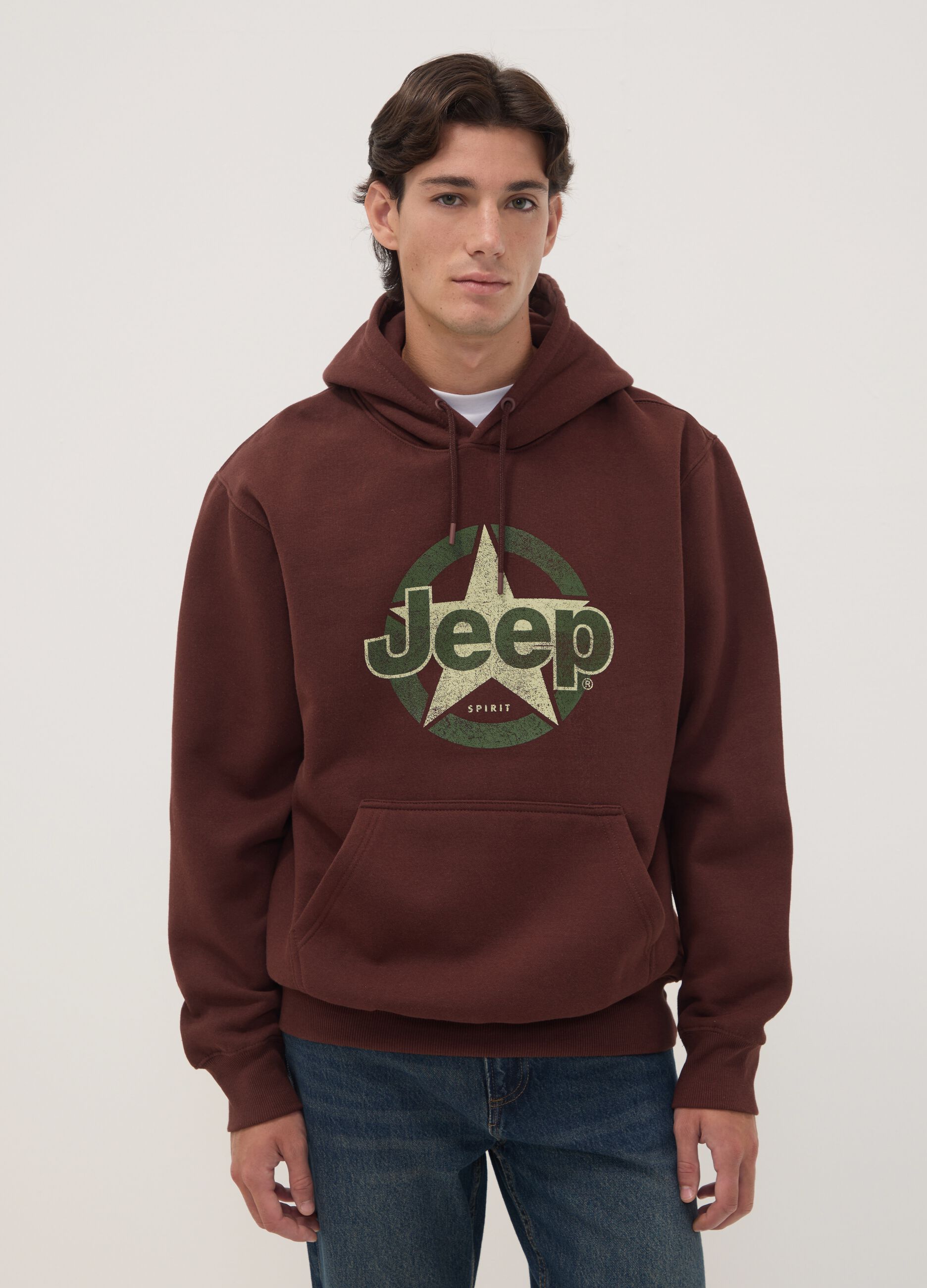 Brown cotton-blend hoodie with Jeep print, relaxed fit