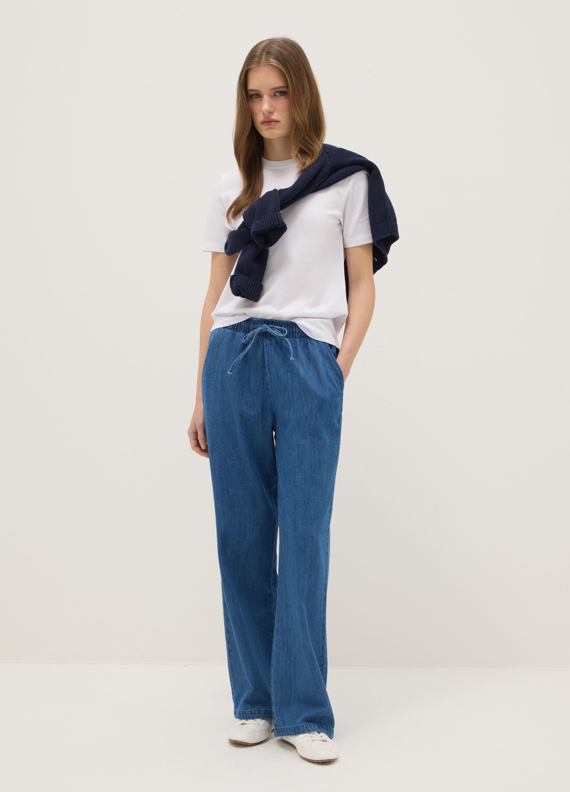 Wide leg blue denim pure cotton trousers with elastic waistband
