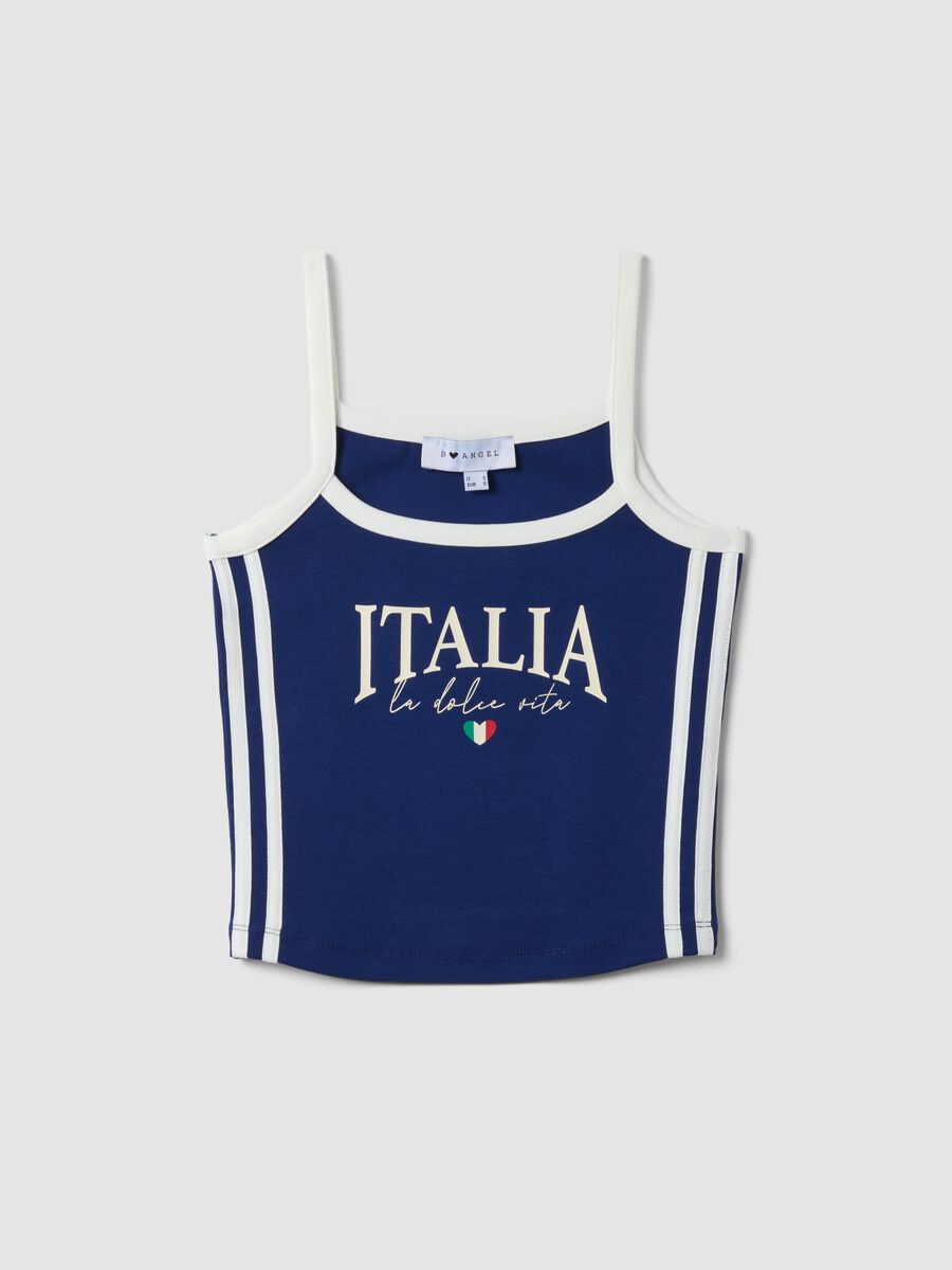 Tank top blu in cotone elasticizzato con bretelle sottili_0