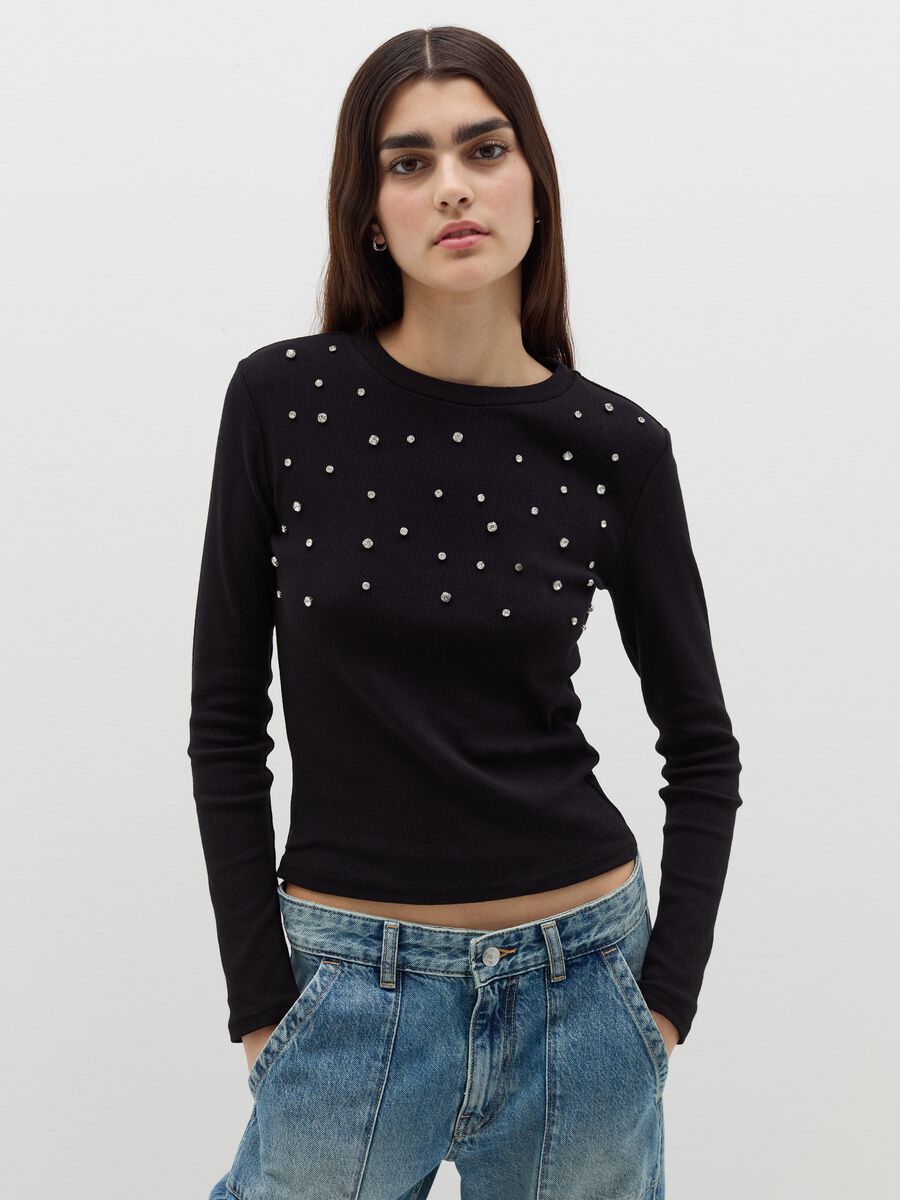 Long-sleeved T-shirt with diamantés_0