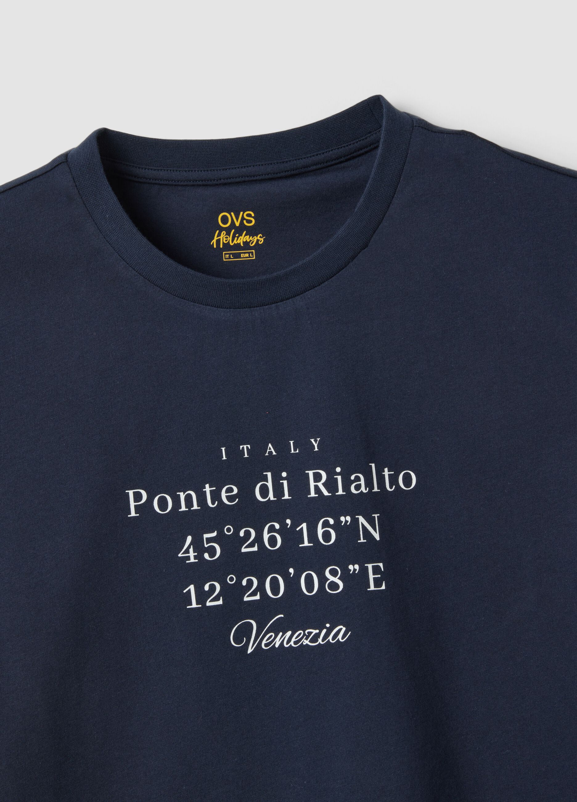 T-shirt blu in puro cotone con stampa frontale regular fit