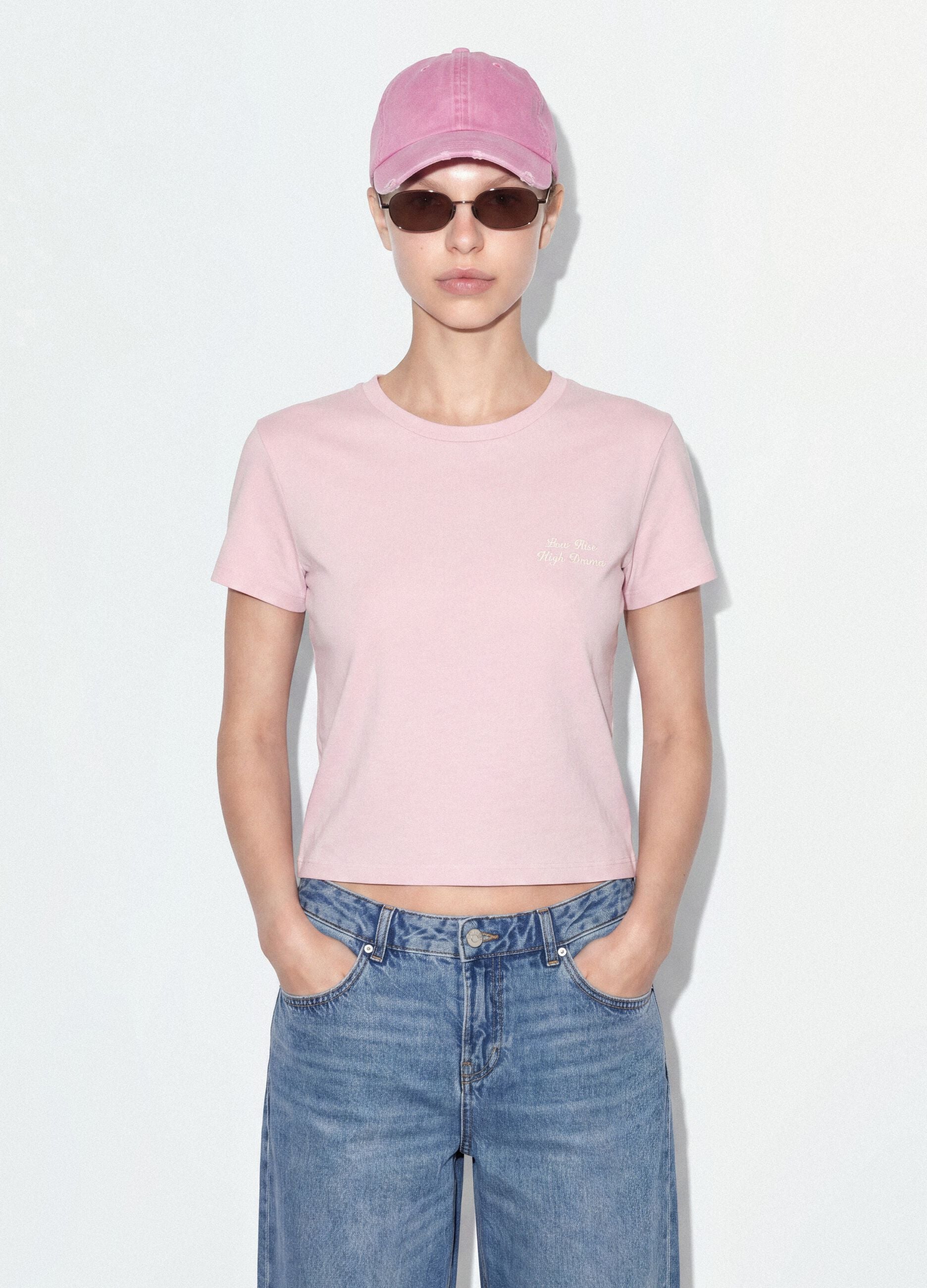 Pink cropped pure cotton T-shirt with graphic print, regular fit