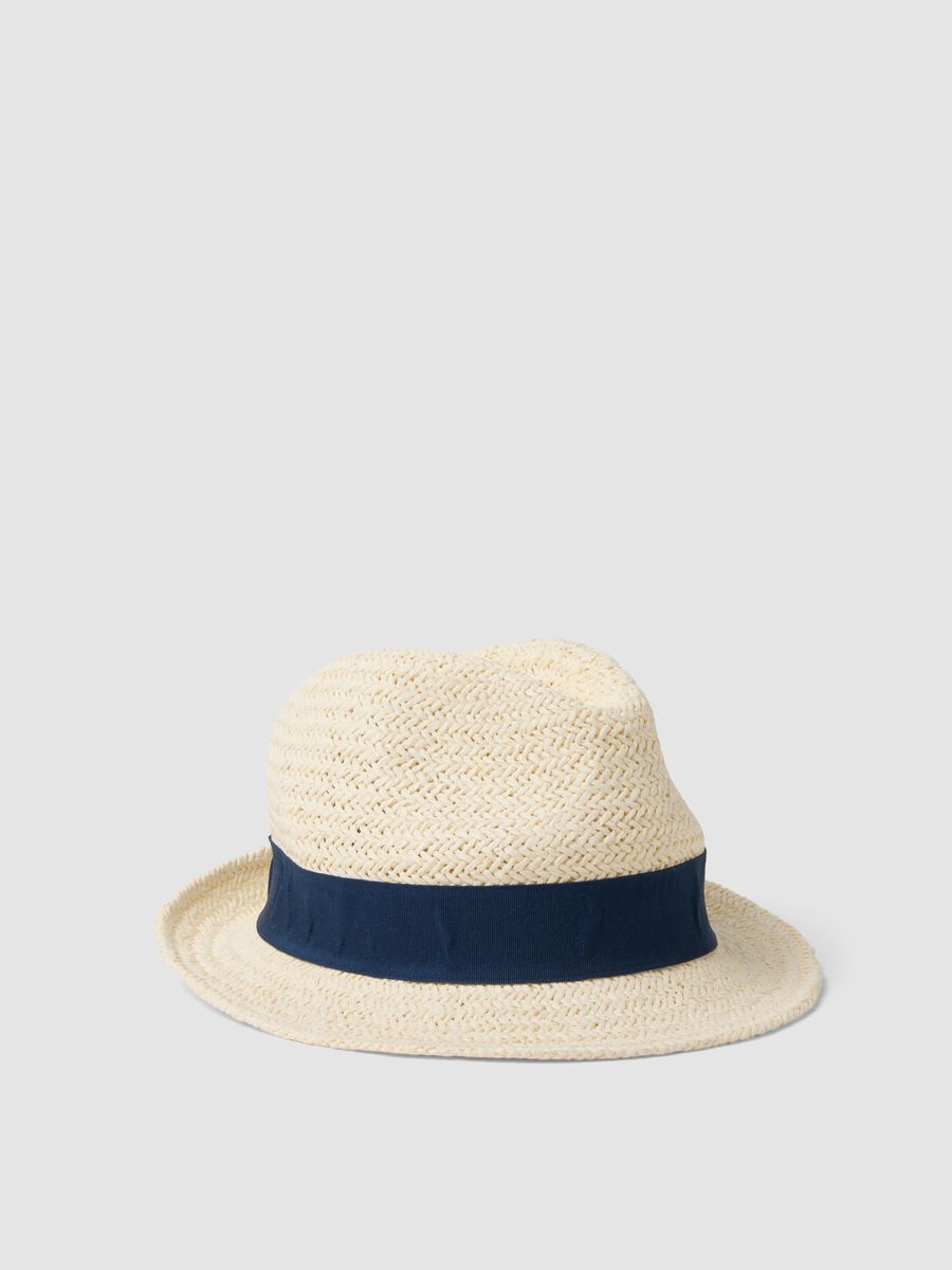 Cappello panama bianco in misto tessuto carta con fascia blu_0