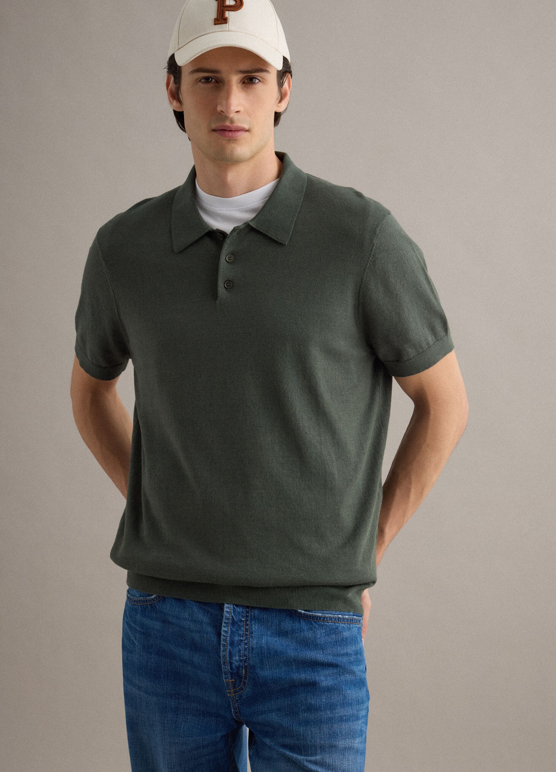 Regular fit green cotton, linen and silk blend polo