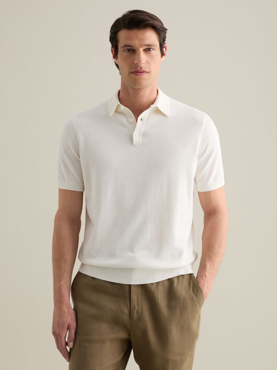 White polo shirt in cotton, silk, and linen_0