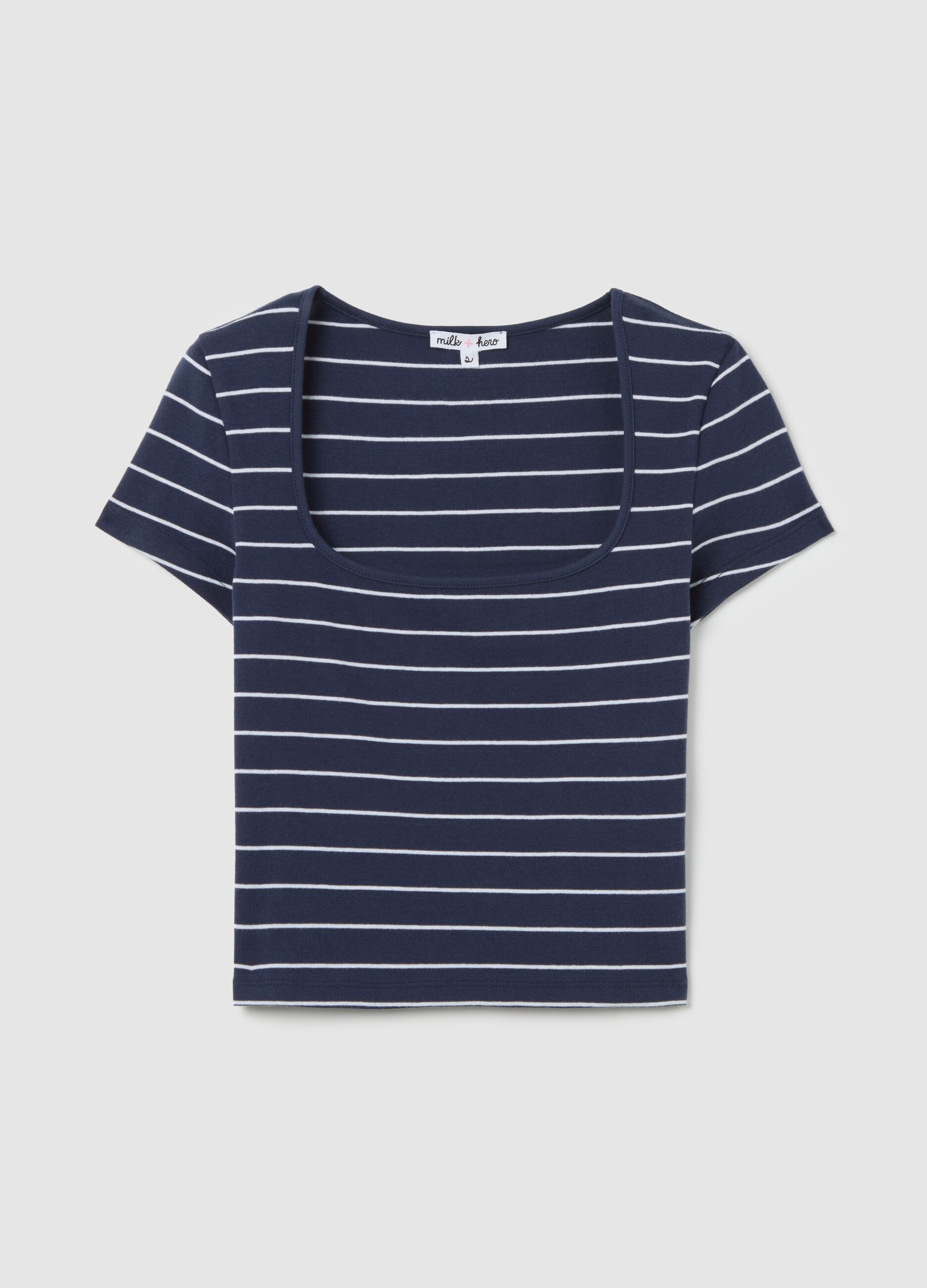 T-shirt aderente a righe blu e bianche in cotone