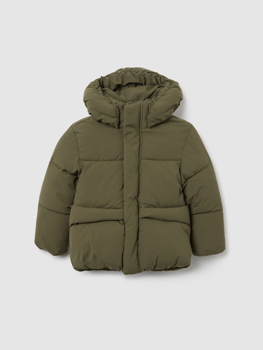 Green padded jacket with removable hood_0