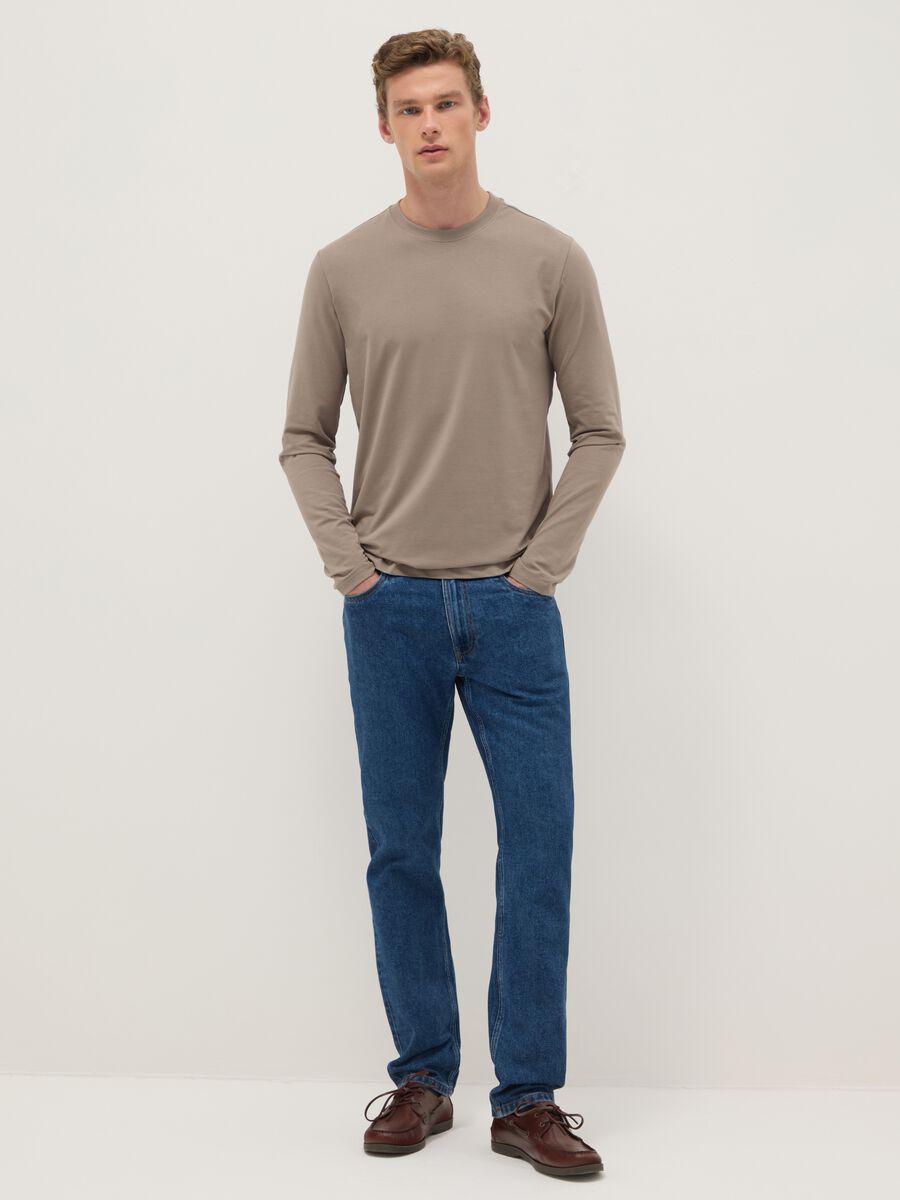 Beige long-sleeve stretch cotton t-shirt regular fit_1