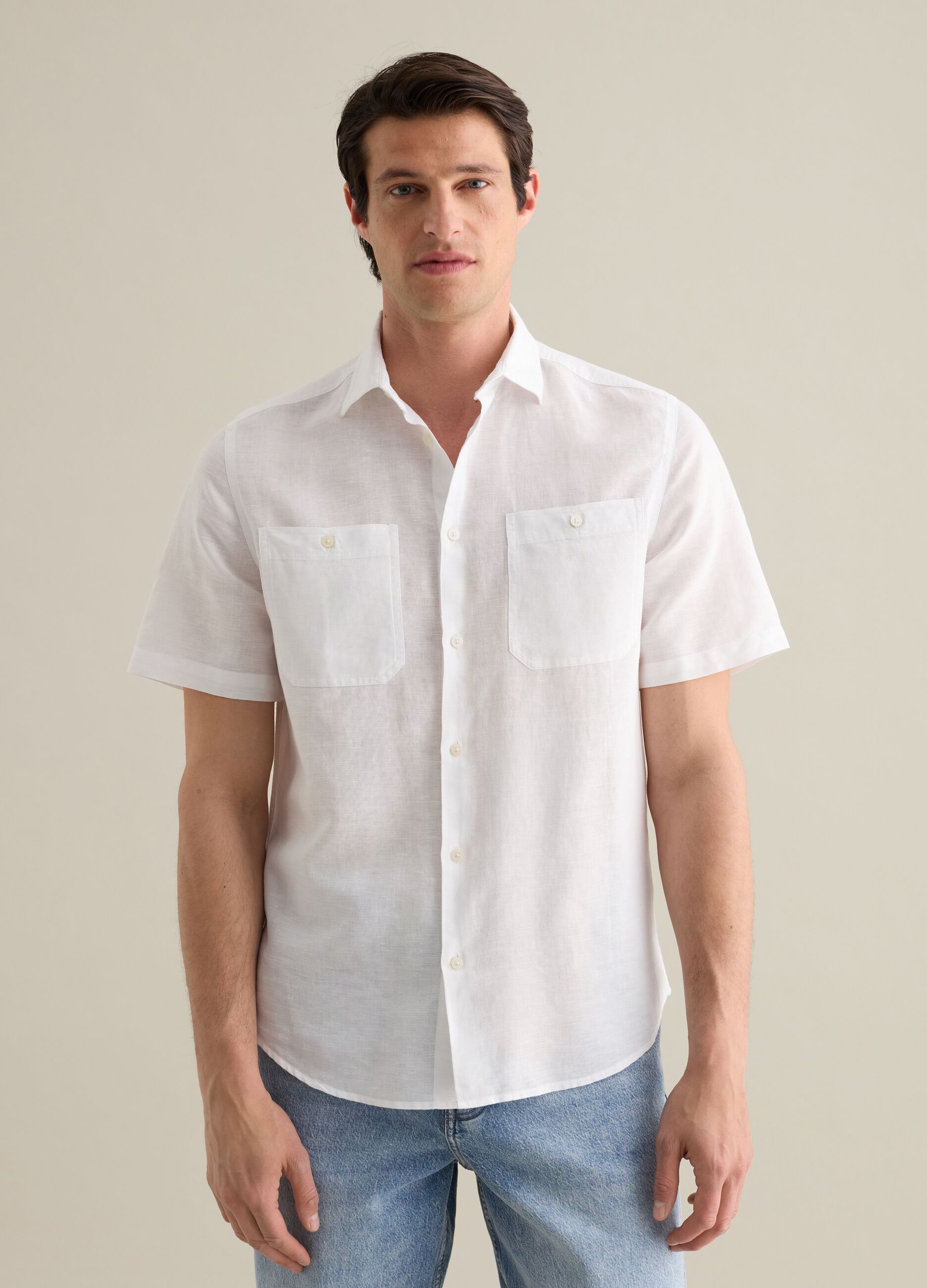 Piombo White Linen and Cotton Short Sleeve Shirt