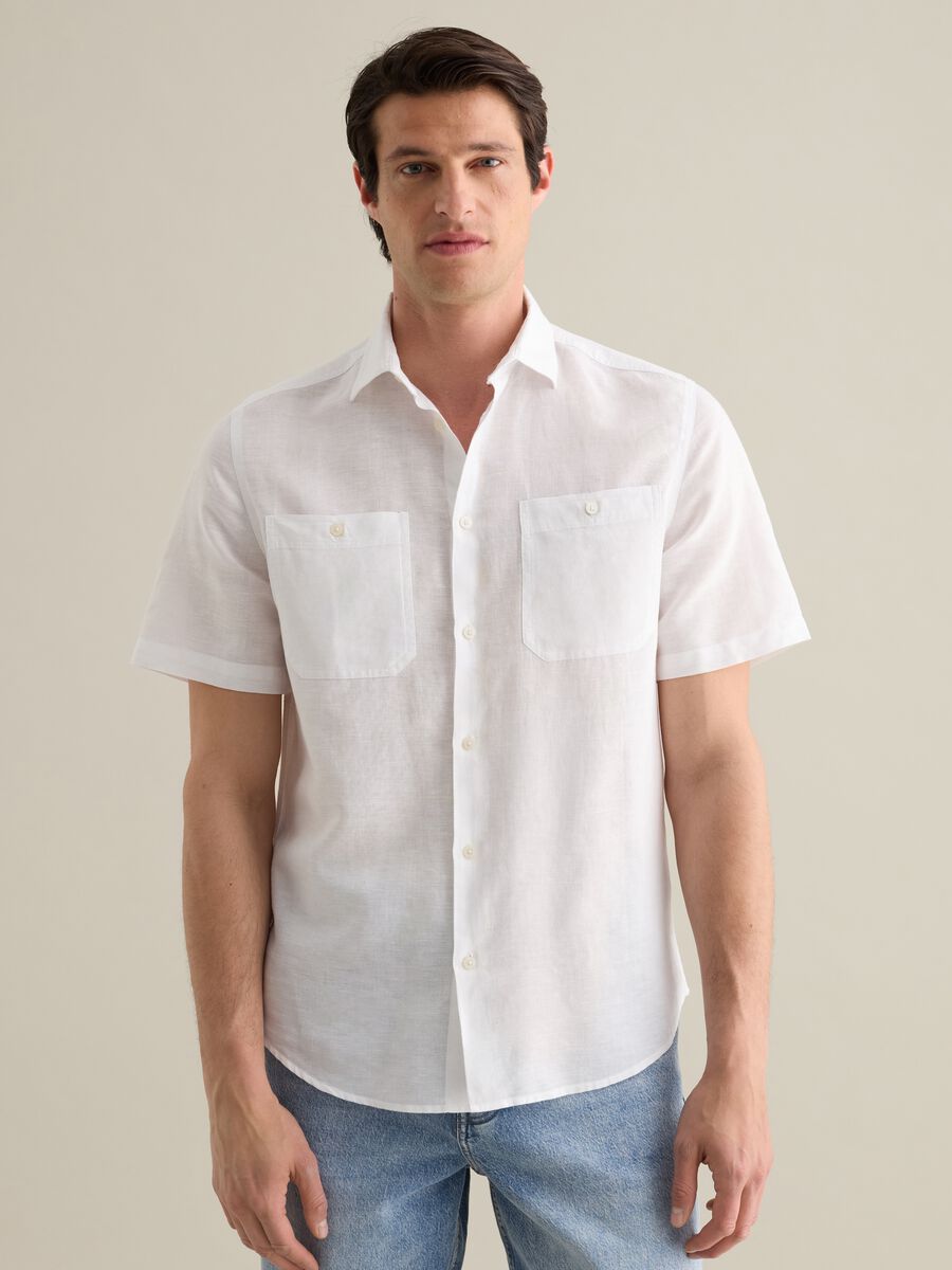 Piombo White Linen and Cotton Short Sleeve Shirt_0