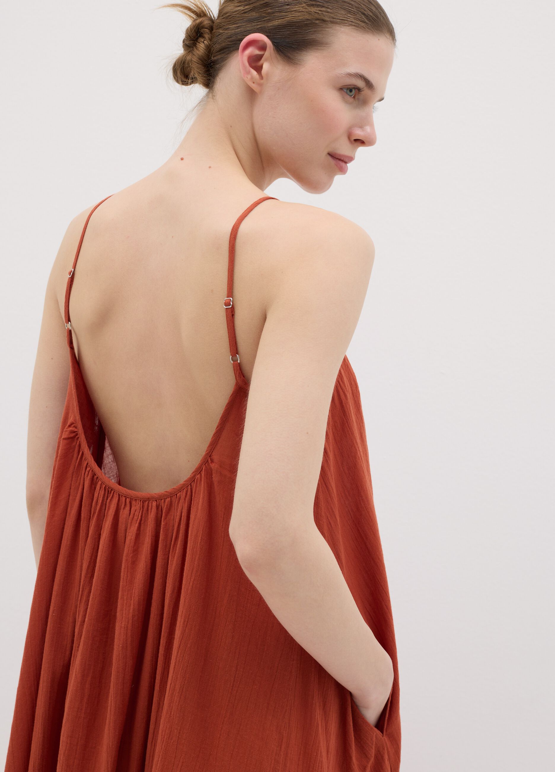 Women's orange full-length sleeveless dress in 100% cotton