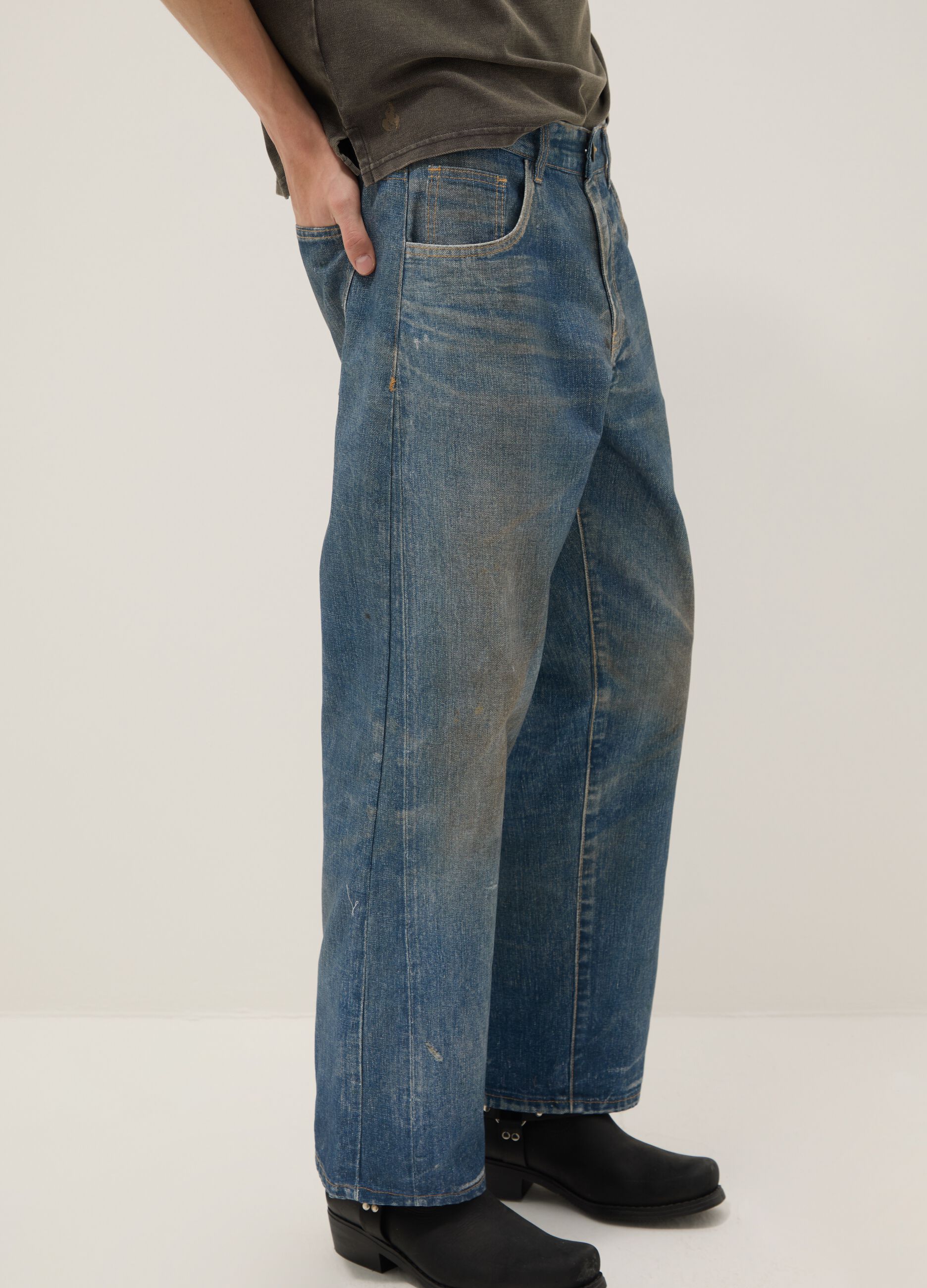 Jeans baggy in puro cotone denim con stampa vintage