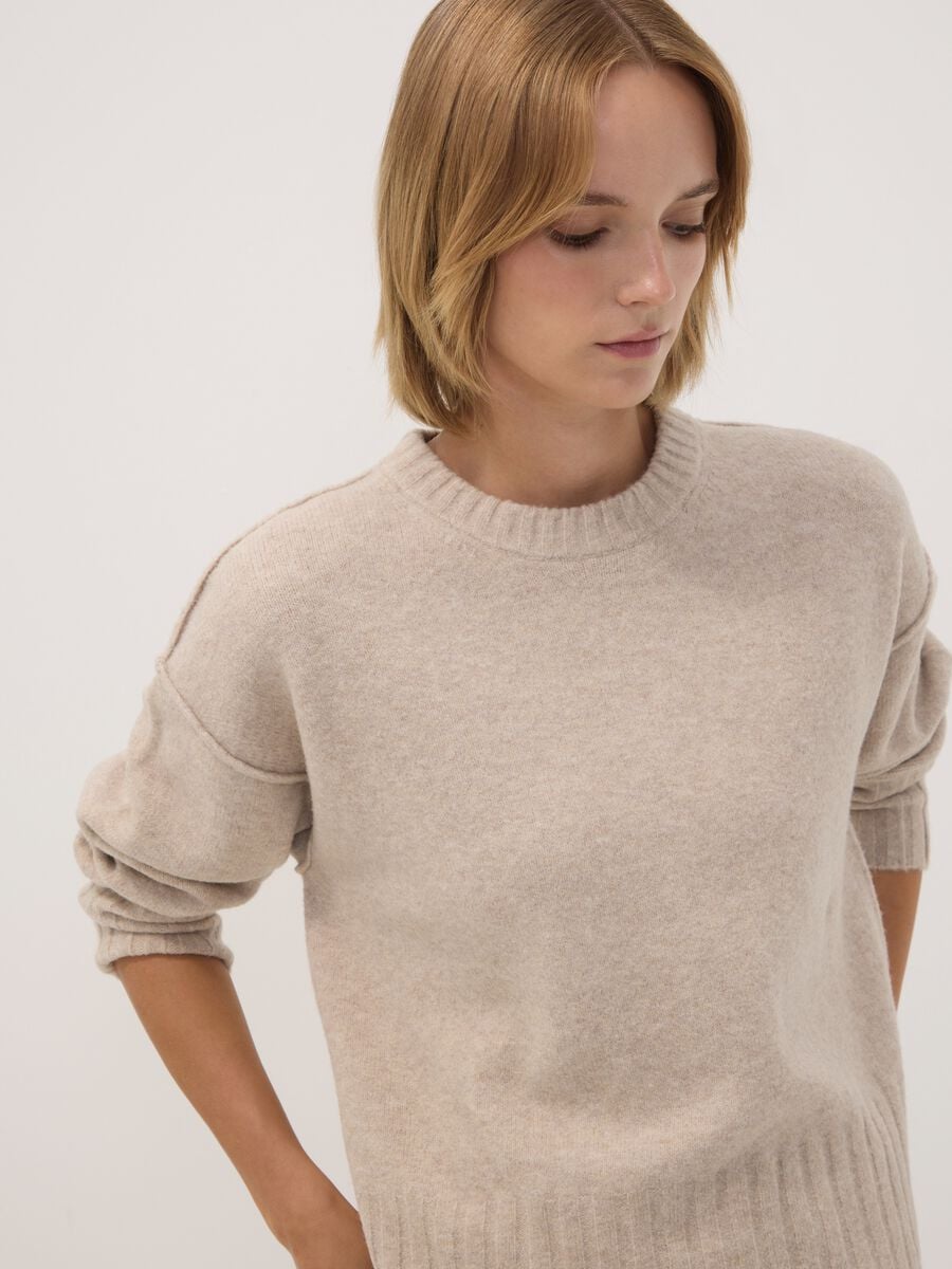 Beige crew-neck jumper in stretch fabric_0
