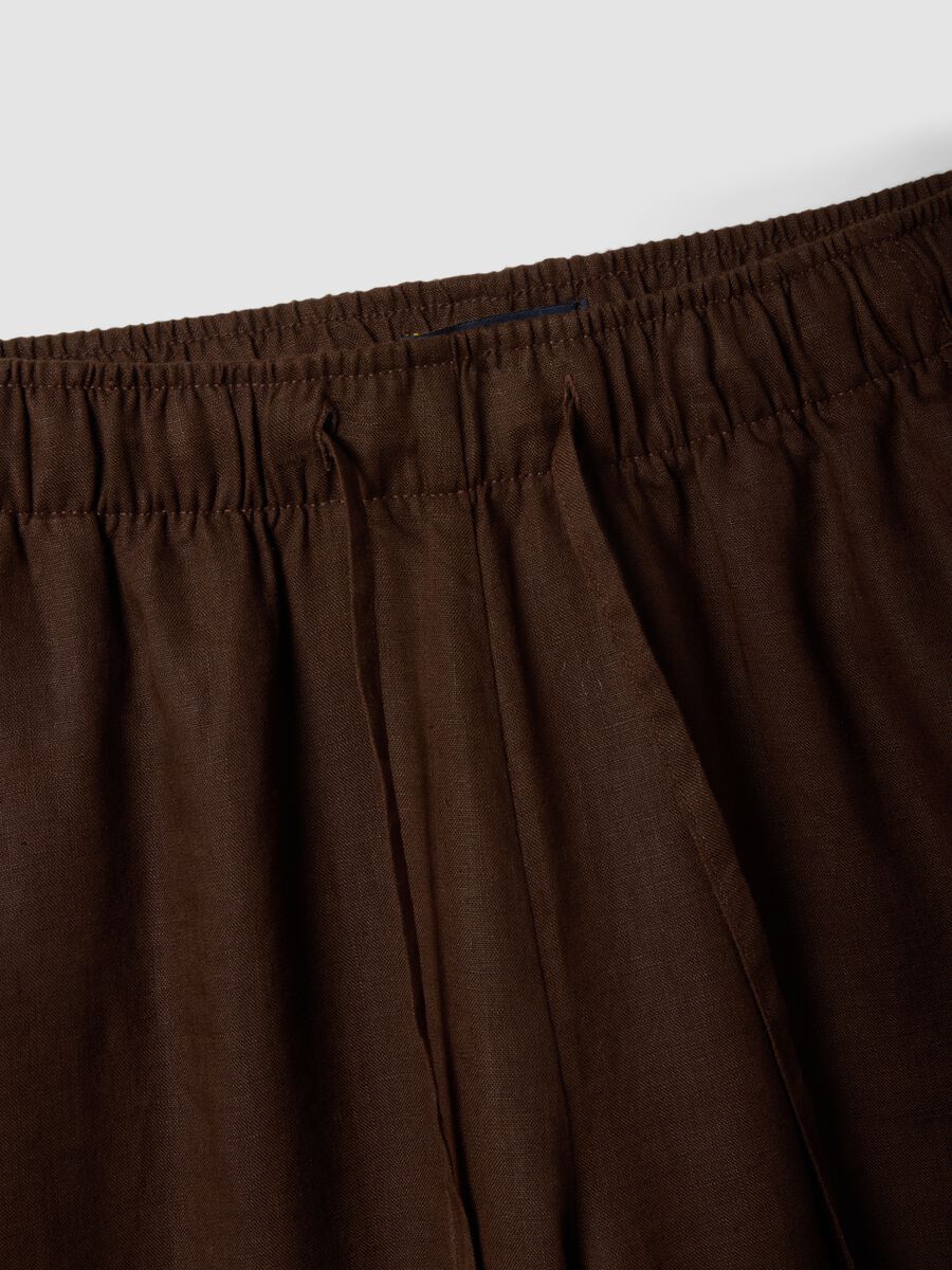Pantaloni marroni in puro lino con coulisse straight fit_5