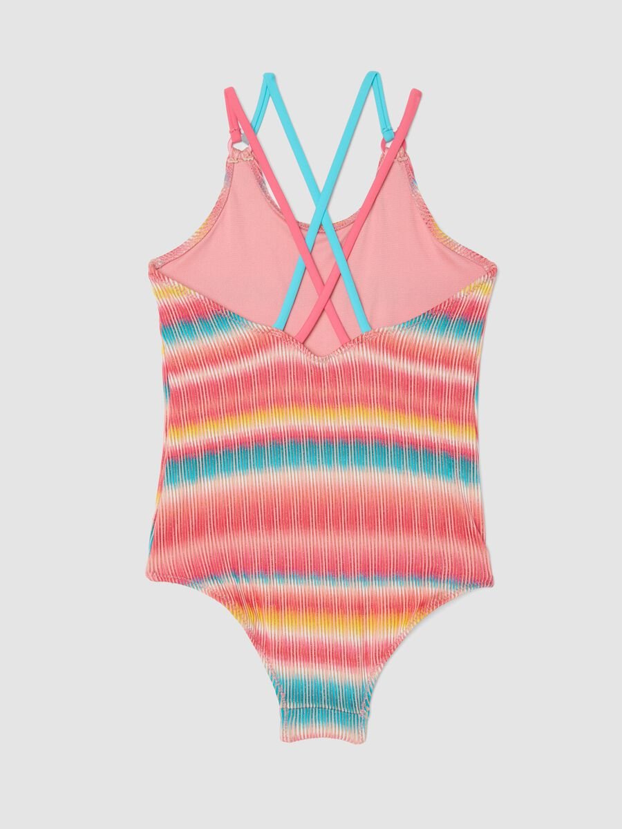 Costume intero a righe multicolor in tessuto elasticizzato per bambina_1