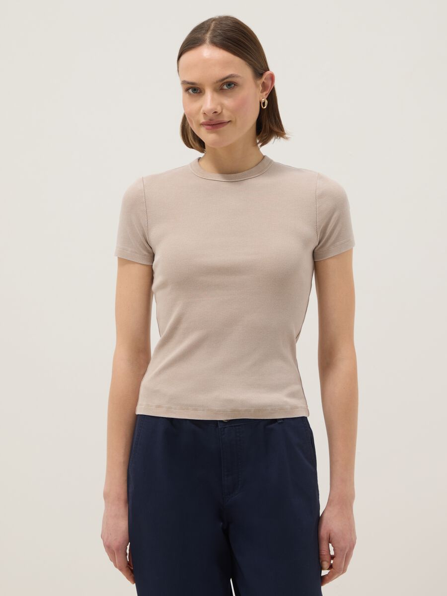 Beige fitted T-shirt in stretch cotton_0