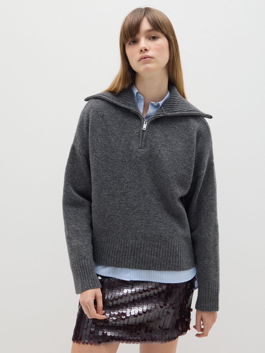 Grey Half-Zip Pullover in Acrylic and Wool Blend_0