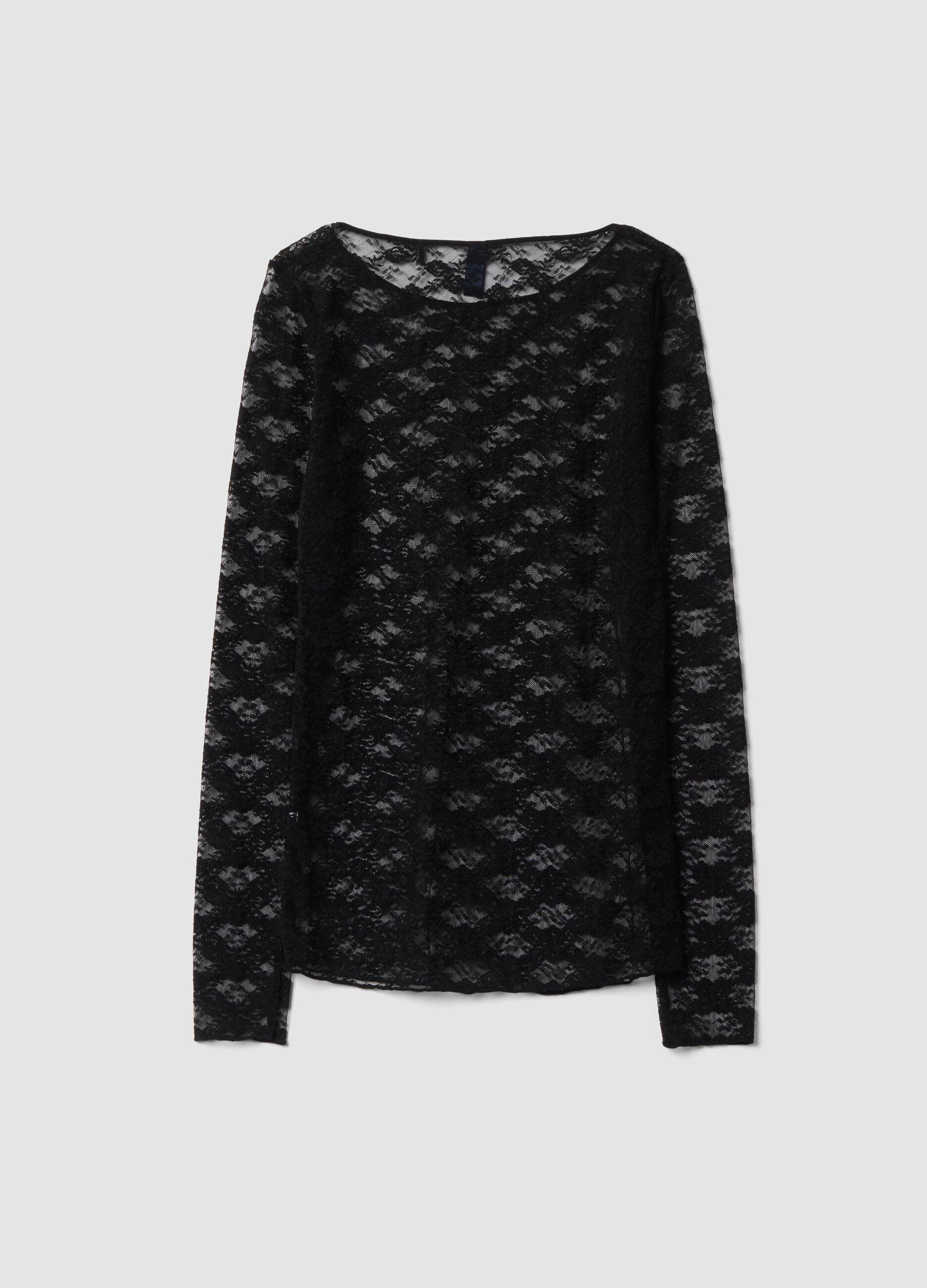 Maglia nera in tessuto elasticizzato con pizzo regular fit